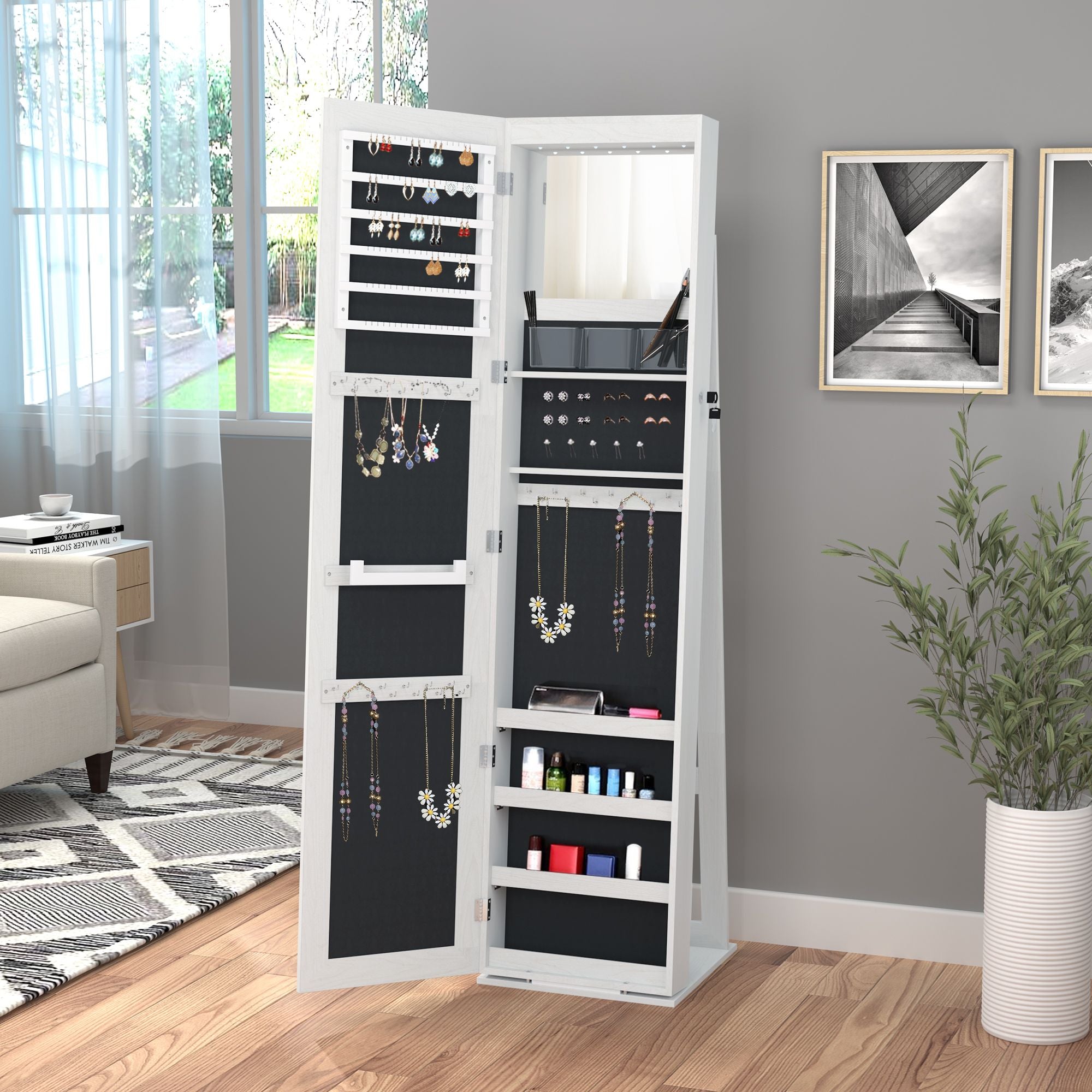Lockable Jewelry Cabinet Standing Armoire Full Length Mirror LED Lights White Jewelry Organizer