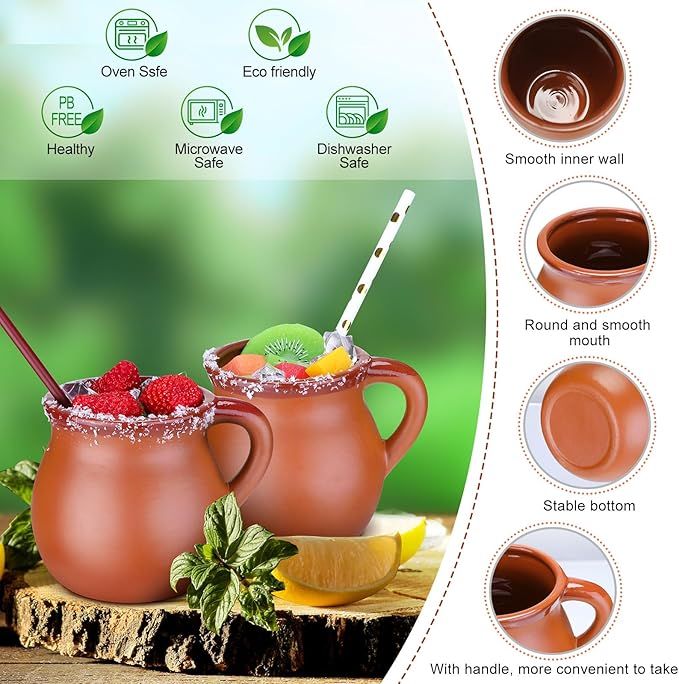 Pack of 6 12 oz Cantaritos De Barro Clay Cups Mexican Clay Mugs Fiesta De Barro Mexicanos Coffee Mugs, Cocktail Glasses and Tea Cups for Tequila, Margaritas, Mojitos Cold Hot Drinks (Brick Red)