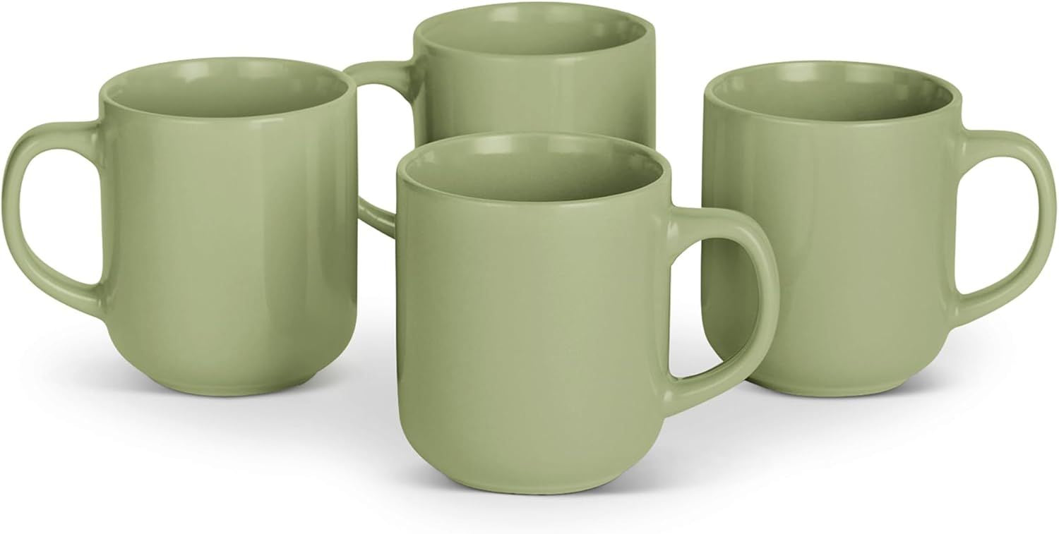 Basics Glazed Stoneware Coffee Mugs, Ceramic 4-Piece Set, 16 oz, Microwave and Dishwasher-Safe, Olive