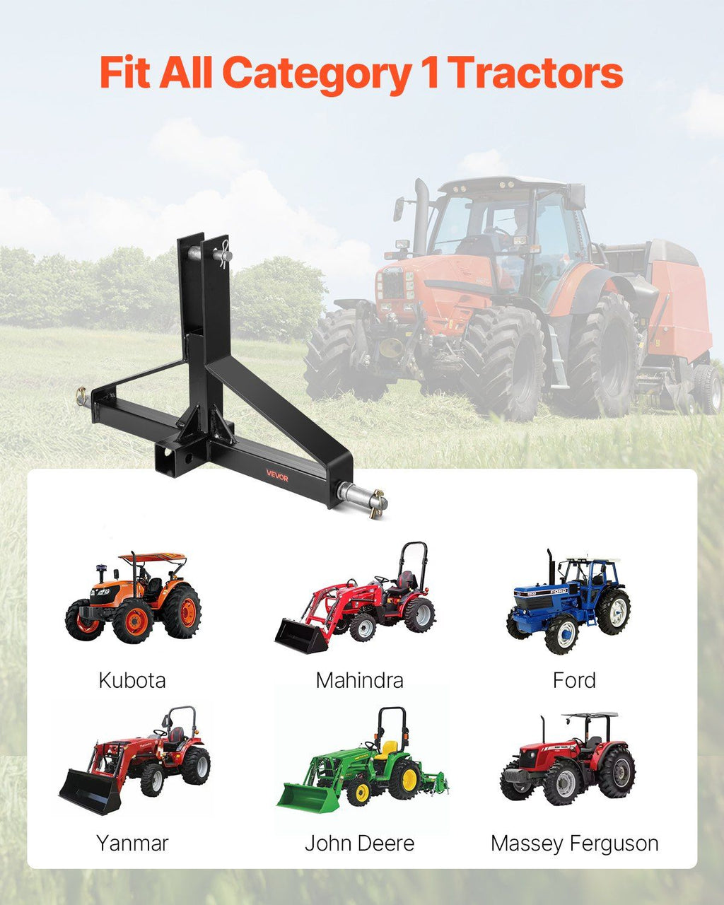 VEVOR 3 Point Trailer Hitch with 2 in Receiver, 3pt Quick Hitch Attachment for Category 1 Tractor, 3000lbs Capacity, Tow Drawbar Adapter, Compatible with Kubota, Mahindra, Ford, Yanmar, John Deere