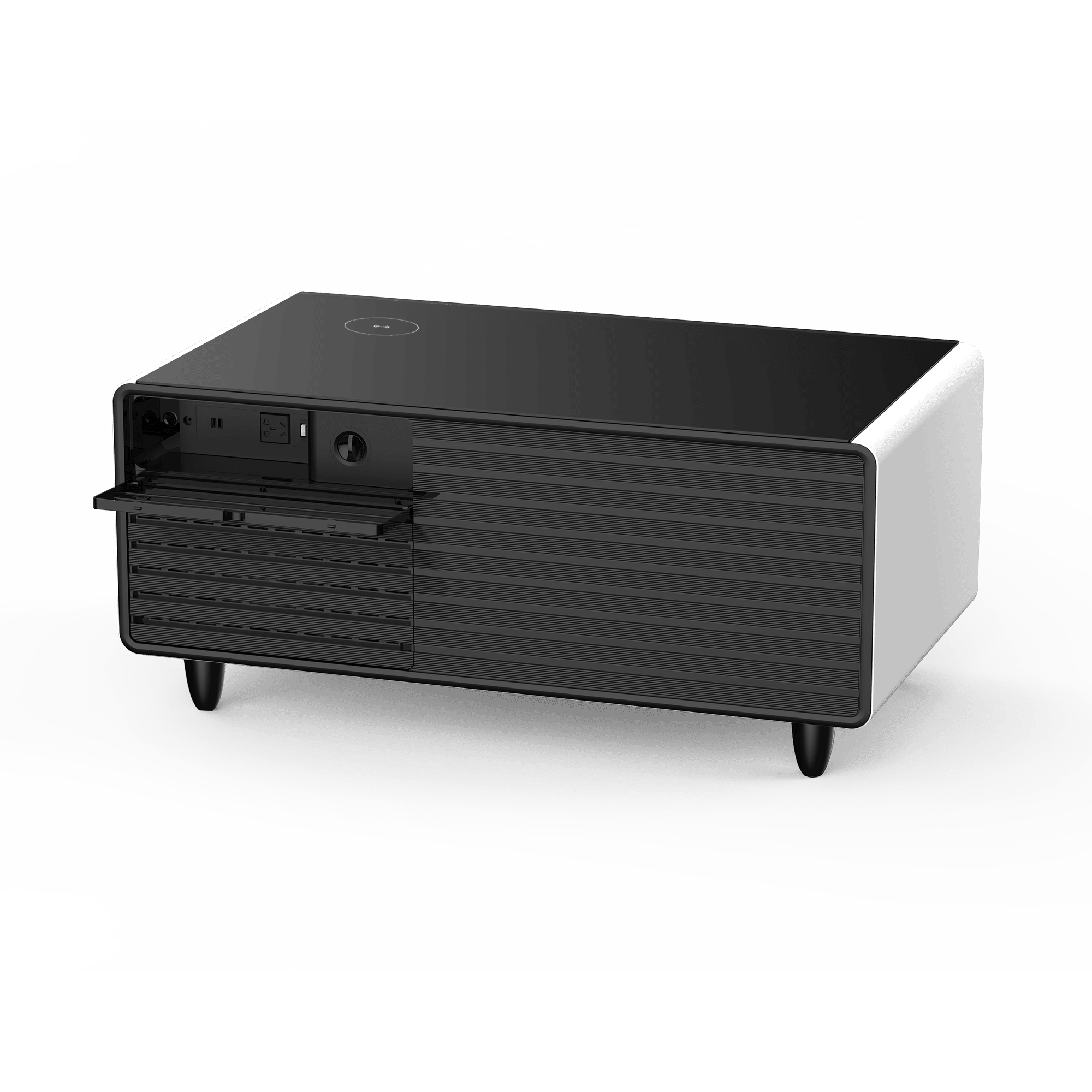 Modern Smart mini Coffee Table with Built in Fridge;  Outlet protection; Wireless charging module; Mechanical temperature control; Power socket; USB interface And power interface.