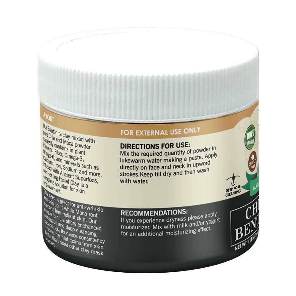 Chia & Maca Bentonite Clay Natural Face Mask Powder, 1 Pound (454gm) Jar by Pride Of India