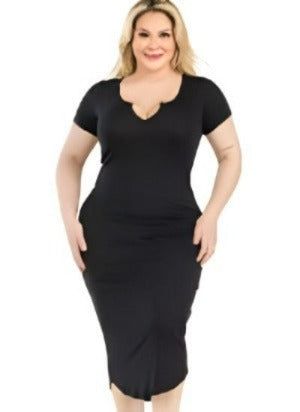 SPLIT NECK RIBBED BODYCON DRESS