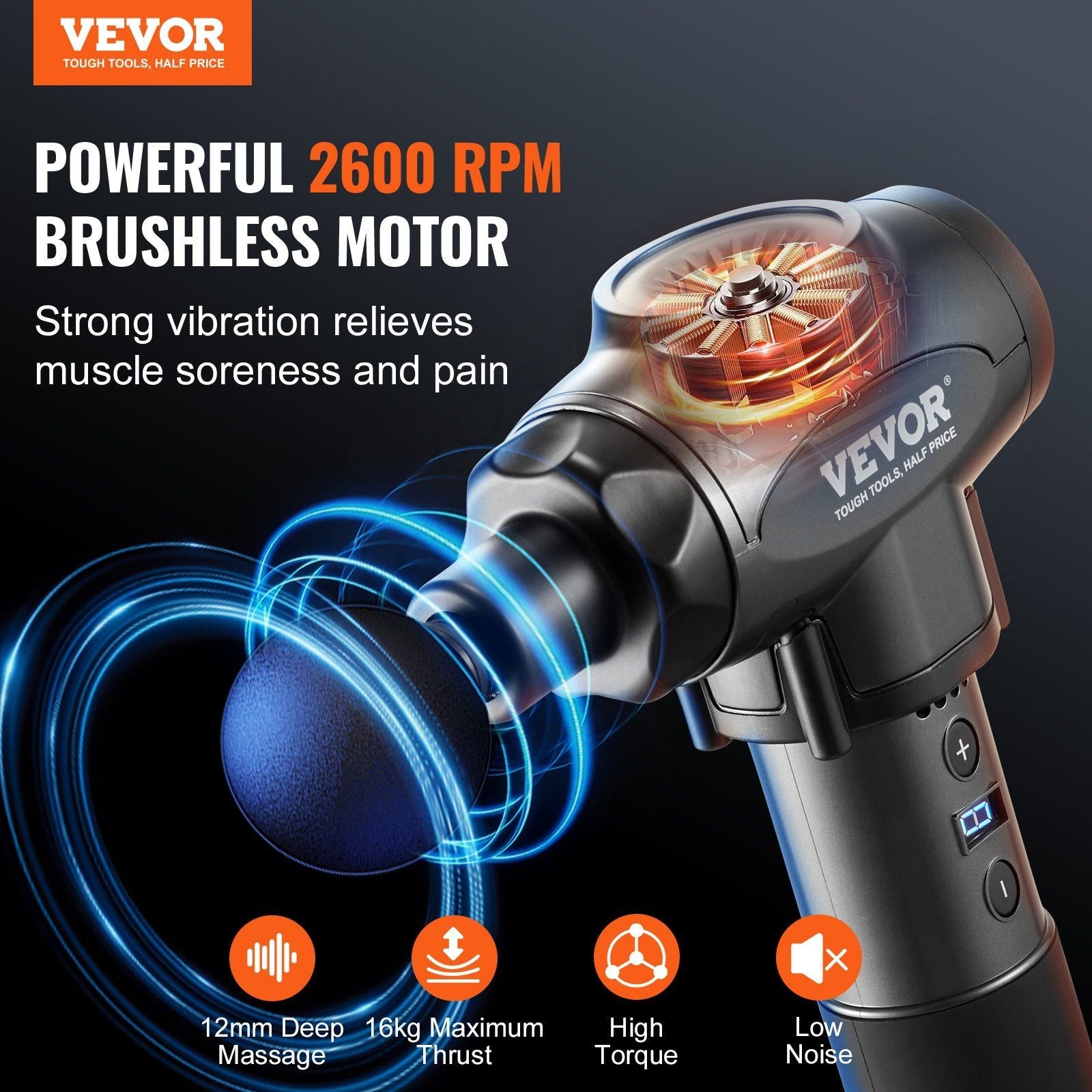 VEVOR Deep Tissue Massage Gun with 9 Speeds & 6 Heads - Handheld Percussion Massager for Muscle Pain Relief & Relaxation
