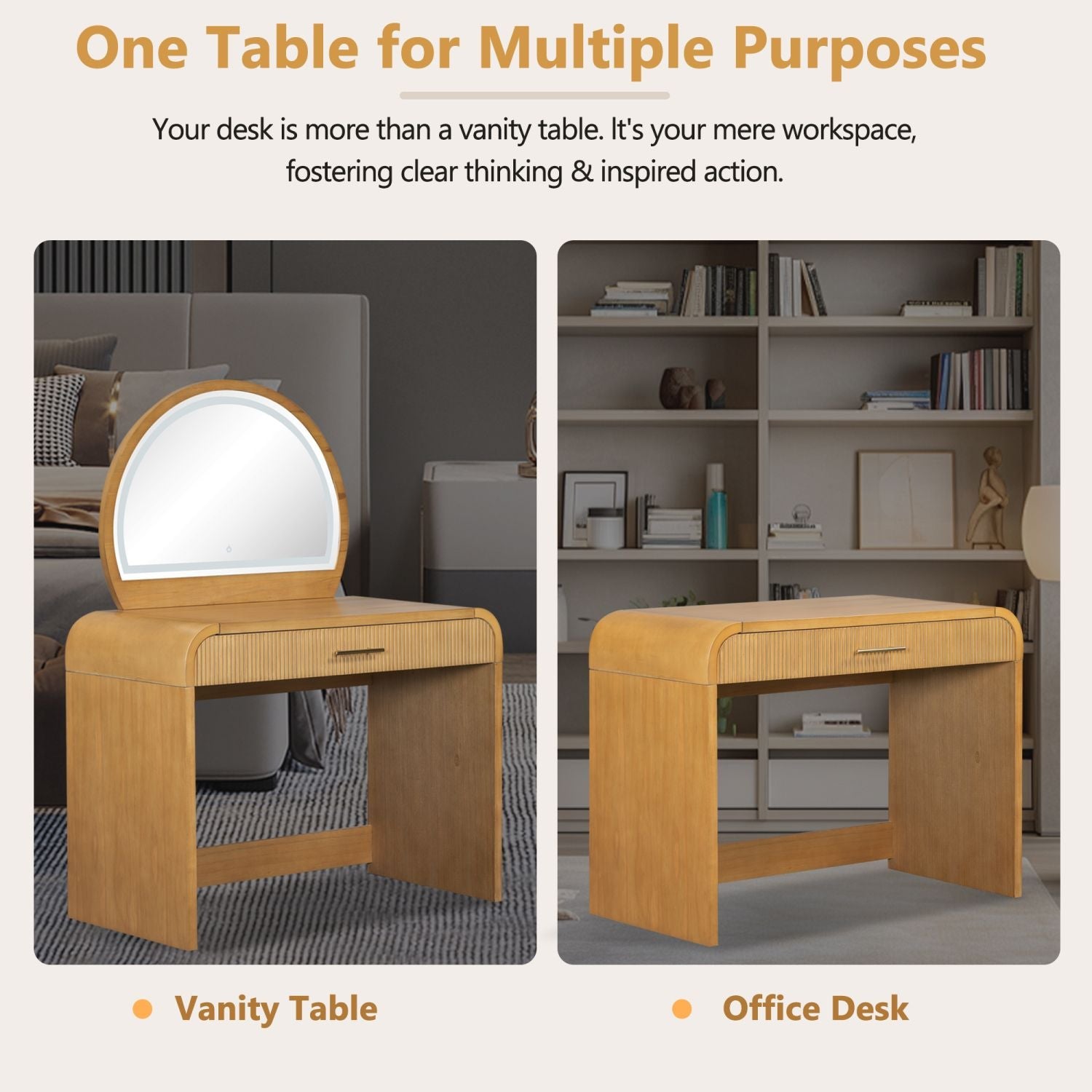 39" Makeup Vanity Table with Mirror Touch Screen Lighted Mirror, Dressing Table with Drawer for Bedroom, Natural