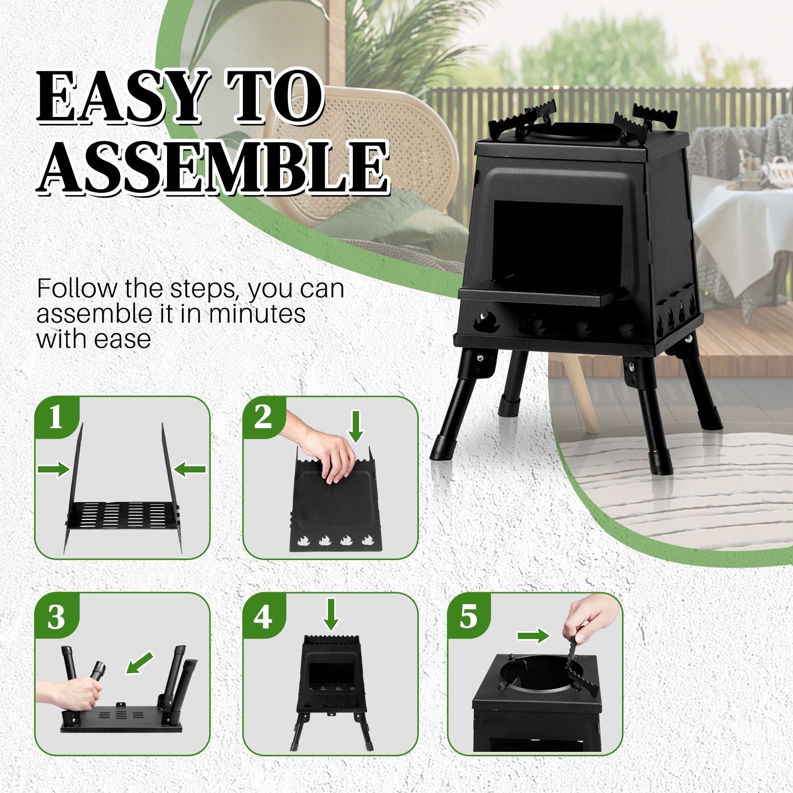 Portable Camping Stove with Detachable Iron Panels Black 27x27x34cm Lightweight Foldable Outdoor Wood Burning Fire Pit for Picnic BBQ Hiking Backpacking Compact Campfire Cooking Heater