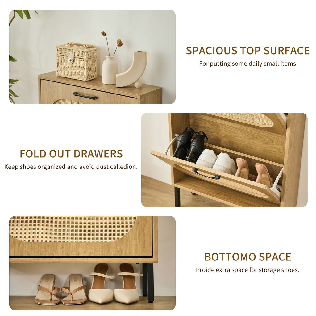 Rattan Shoe Cabinet with 2 Flip Doors, Narrow Freestanding Shoe Organizer, Modern Narrow Shoe Storage Cabinet with Metal Legs for Entryway, Hallway, Closet (Natural)
