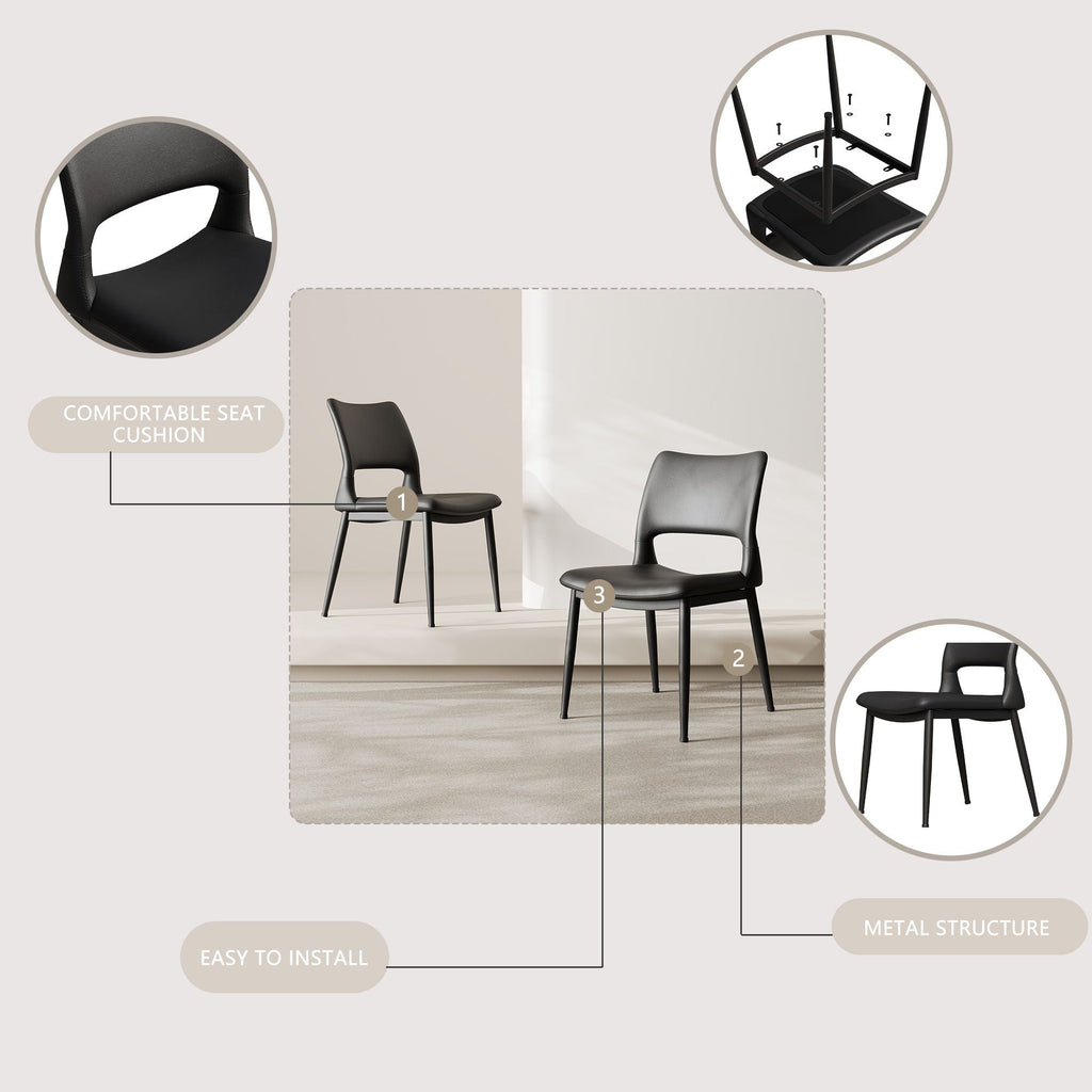 Modern minimalist black PU leather Dining Chairs Set of 2, comfortable backrest design, metal leg support, suitable for restaurants, kitchens, and offices.