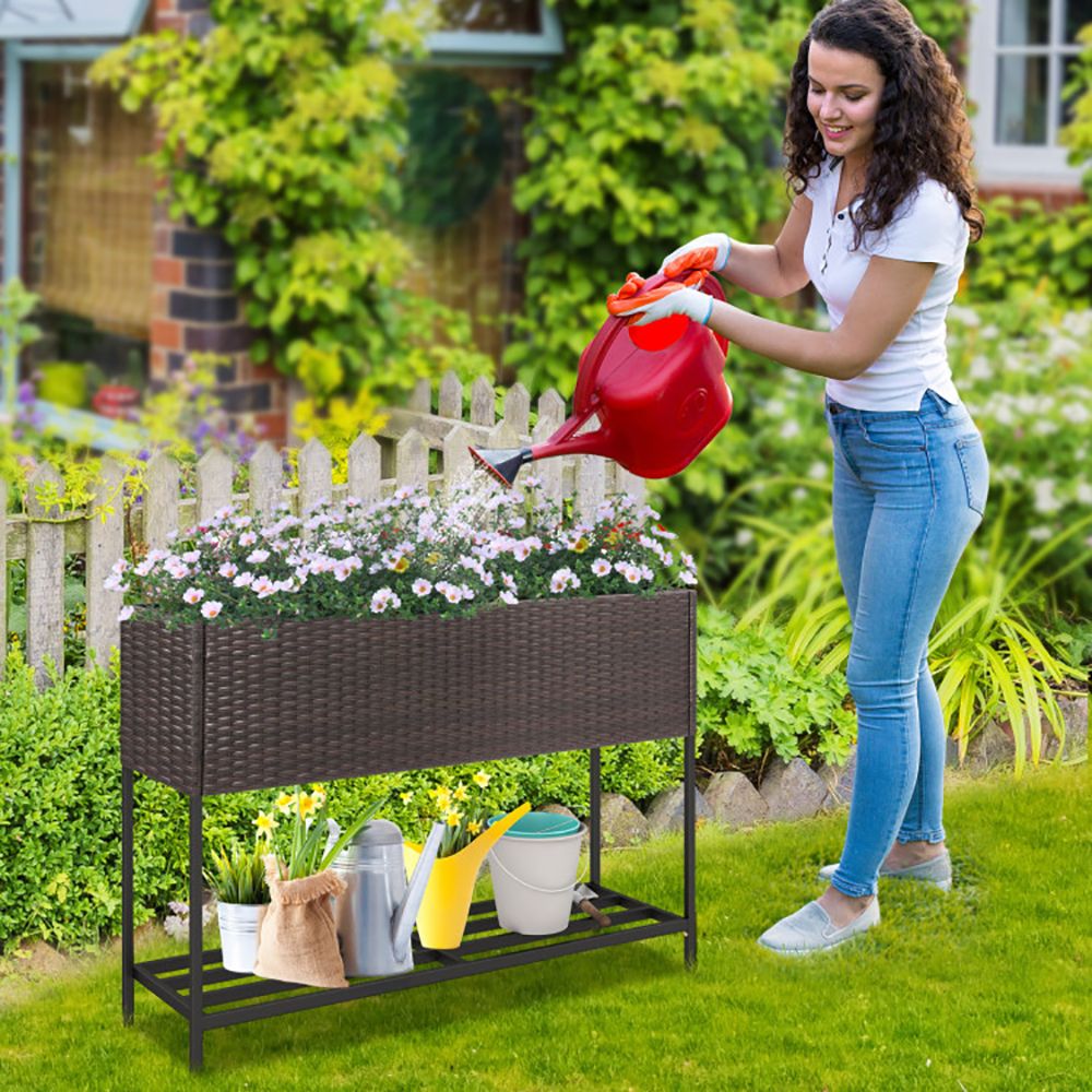 Raised Wicker Garden Bed with Storage Shelf and Removable Liner