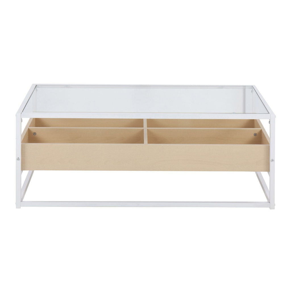 Display Contemporary Coffee Table in White Metal, Natural Wood, and Clear Glass by