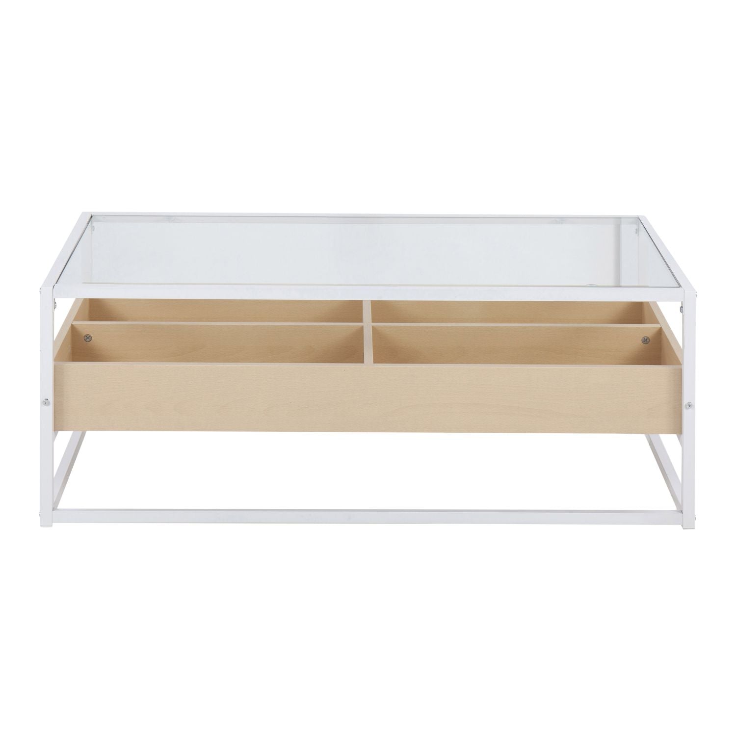 Display Contemporary Coffee Table in White Metal, Natural Wood, and Clear Glass by
