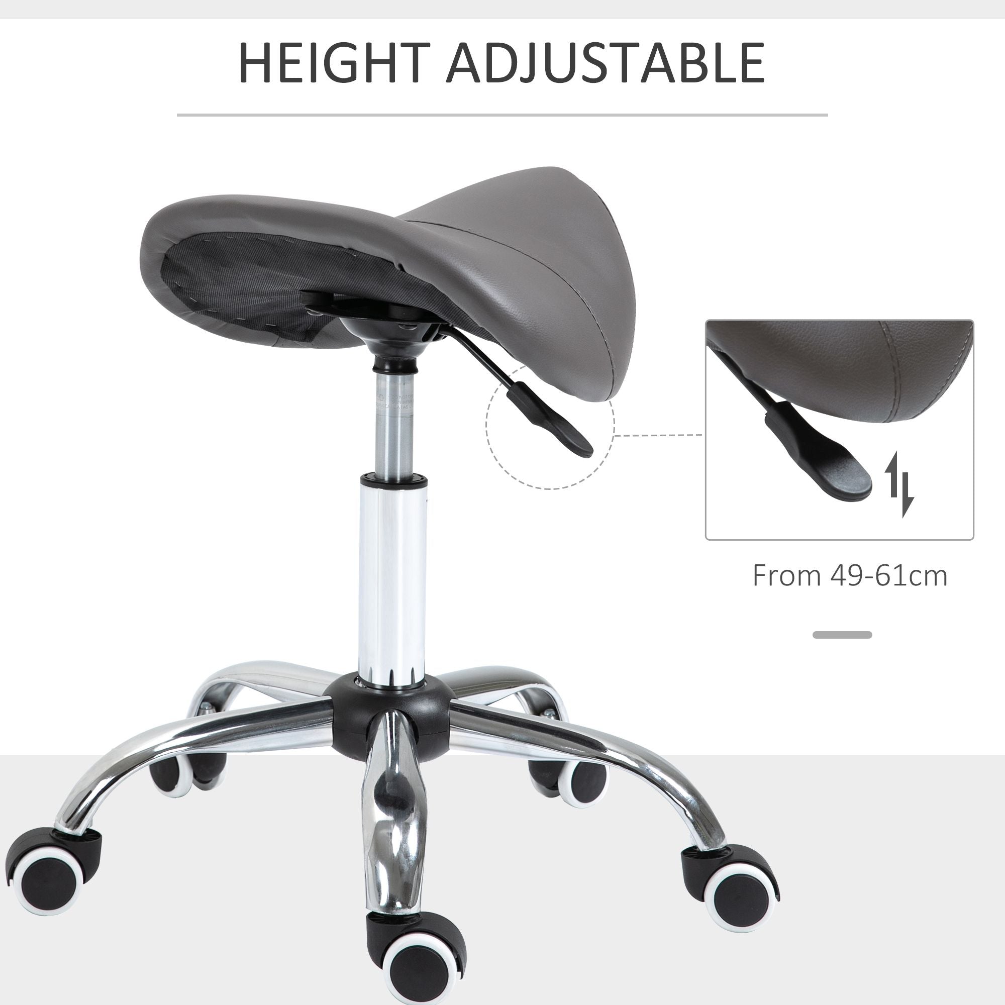 Saddle Stool Adjustable Hydraulic Rolling Beauty Salon Stool Ergonomic PU Leather Stool Round Grey