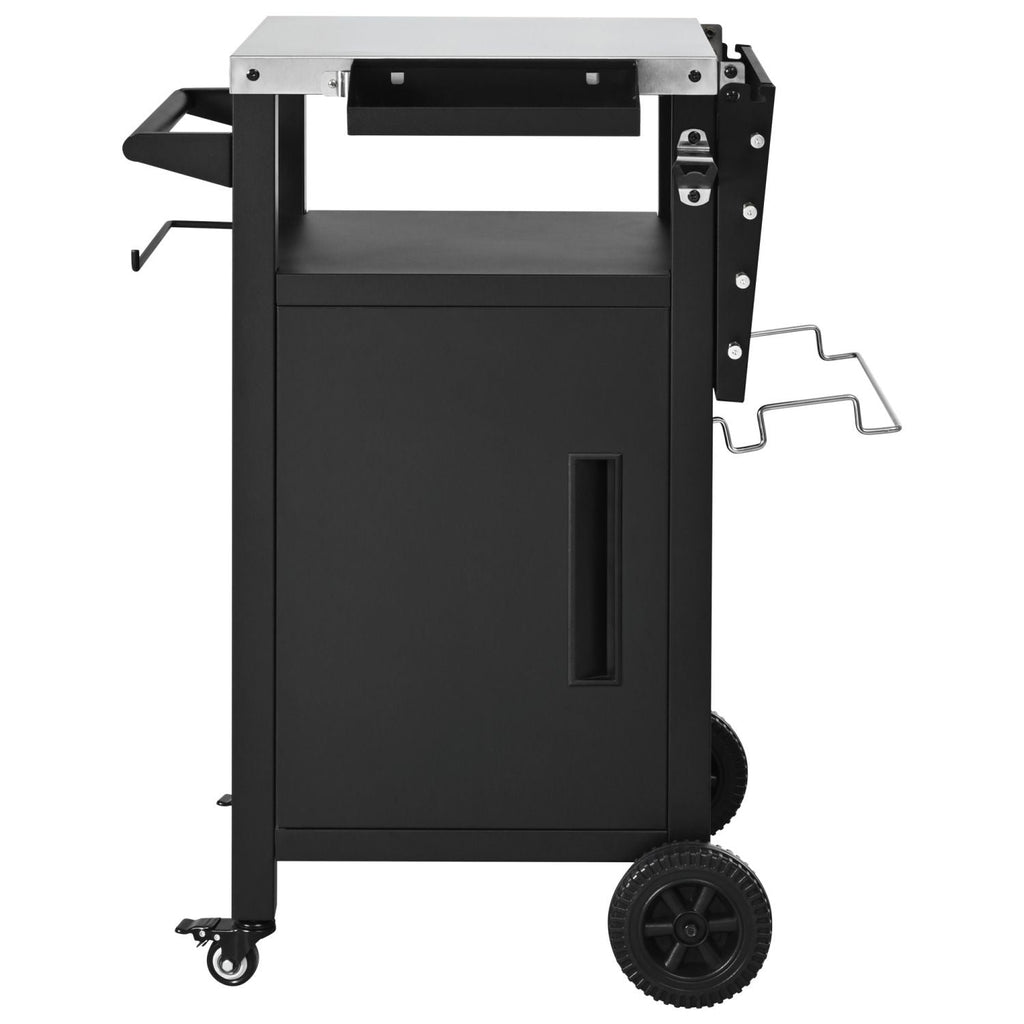 K&K 33.9" Outdoor Grill Cart with Drop Leaf, Outdoor Metal Bar Cart Pizza Oven Table with Wheels, Stainless Steel Top, Outdoor Kitchen Island with Storage Cabinet & Spice & Paper Rack for BBQ, Waterpr