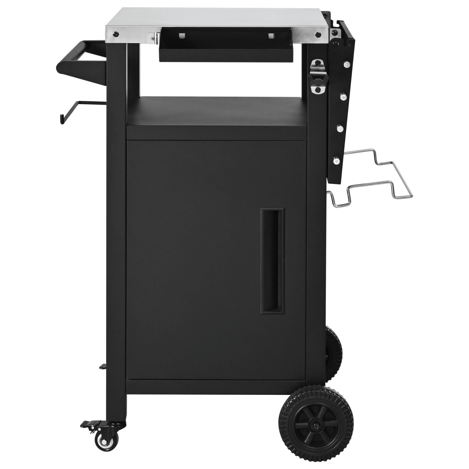 K&K 33.9" Outdoor Grill Cart with Drop Leaf, Outdoor Metal Bar Cart Pizza Oven Table with Wheels, Stainless Steel Top, Outdoor Kitchen Island with Storage Cabinet & Spice & Paper Rack for BBQ, Waterpr