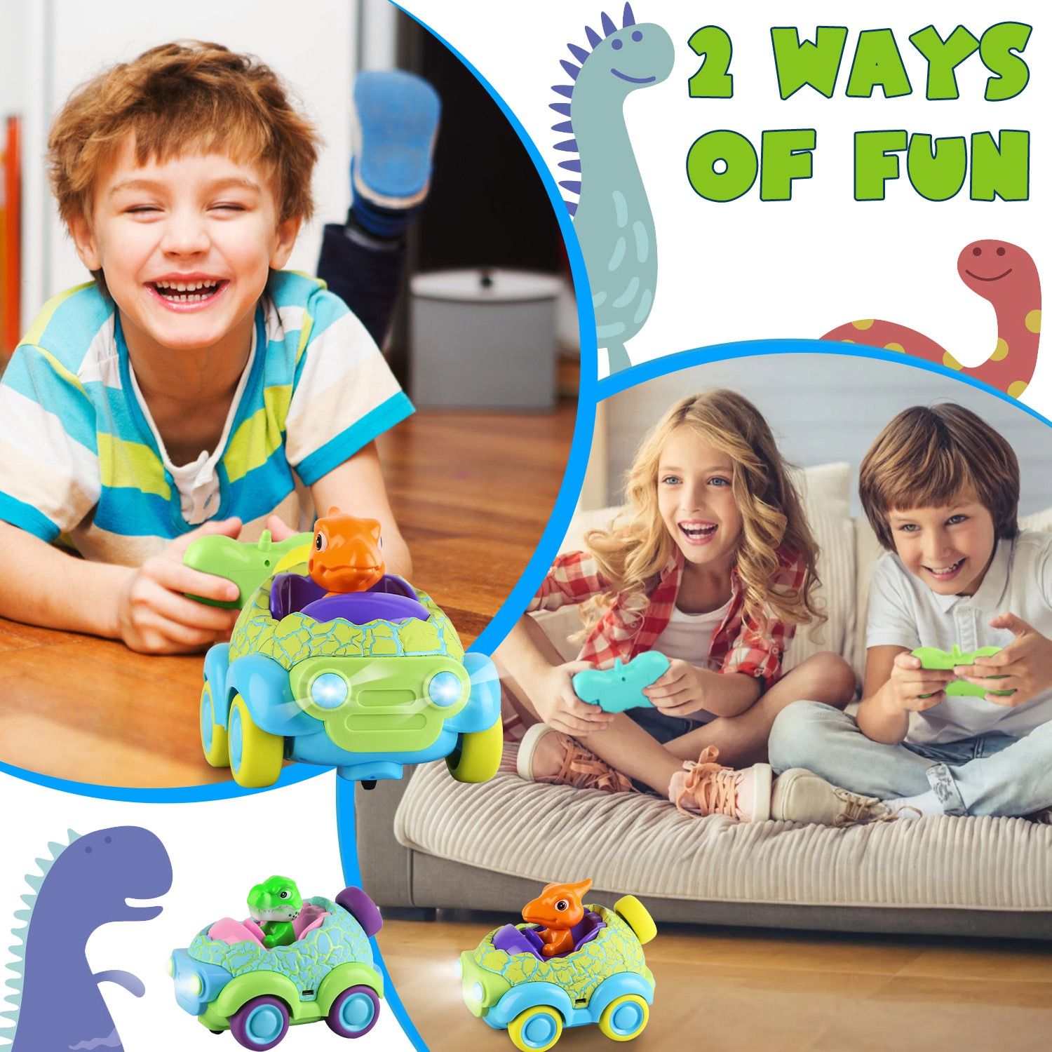 2Pack Dinosaur Remote Control Cars for Toddlers Rechargeable RC Cars with Light Music Birthday Gift For Boys Girls Aged 3 4 5 6 Years Old
