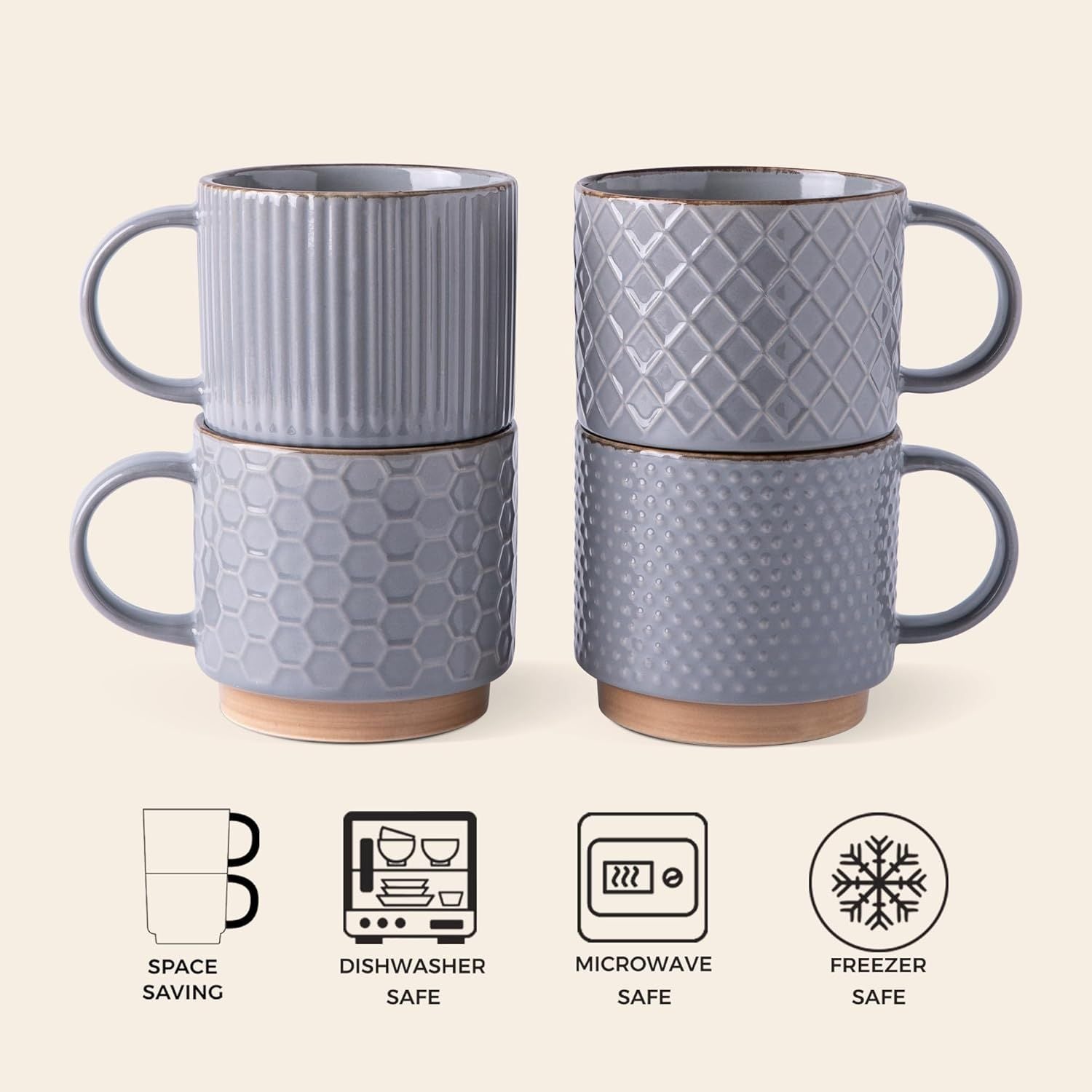 12OZ Stackable Coffee Mugs, Ceramic Coffee Mugs with Texture Patterns for Man,Woman,Dad,Mom, Modern Coffee Cups Set of 4 for Latte/Cappuccino/Cocoa. Dishwasher&Microwave Safe, Gray