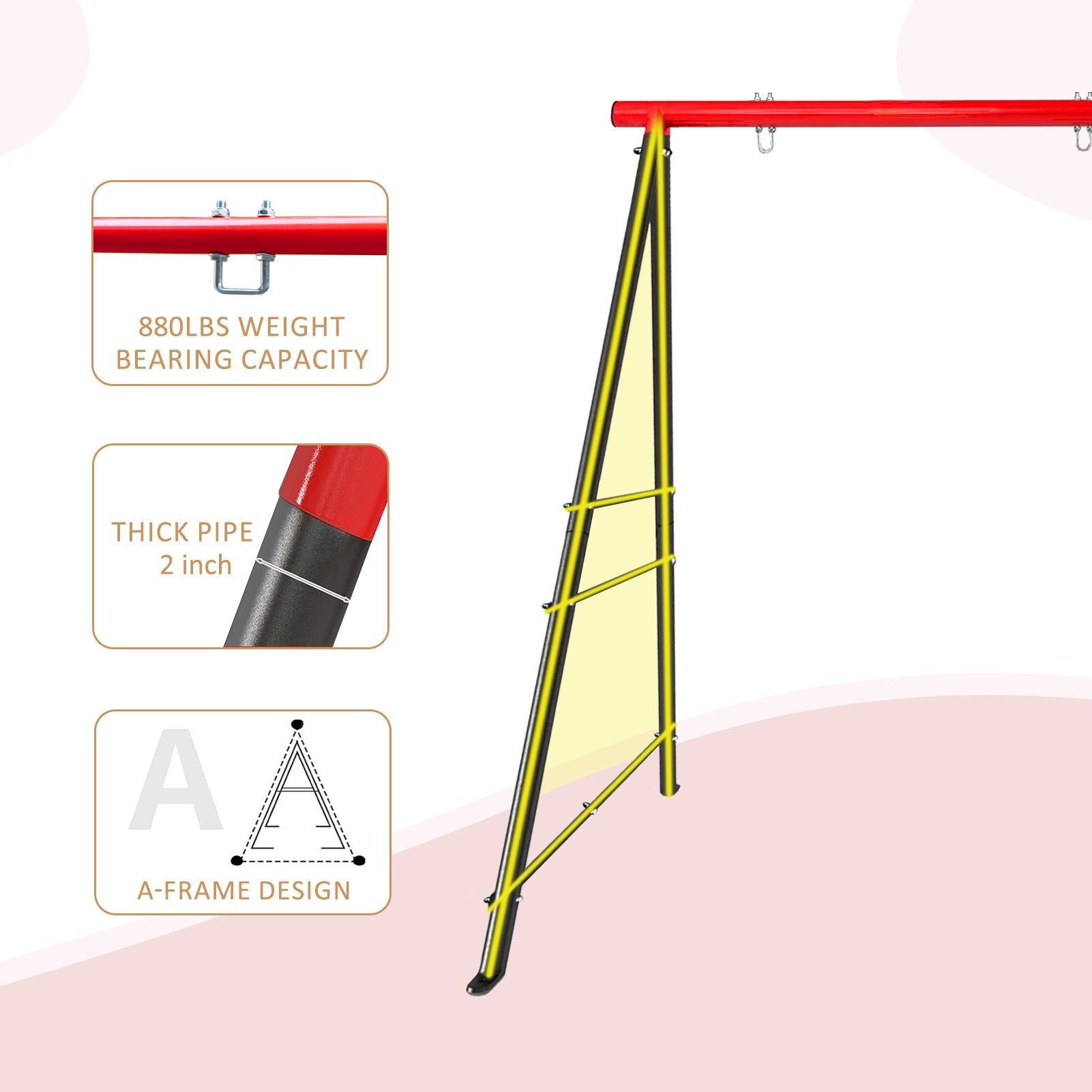 Metal Swing Stand Swing Sets for Backyard,Powder Coated Swing Frame of Swing Set with Extra Side Bars,880 Lbs Heavy-Duty A-Frame Outdoor Swing Fits Swing Chair,Porch Swing