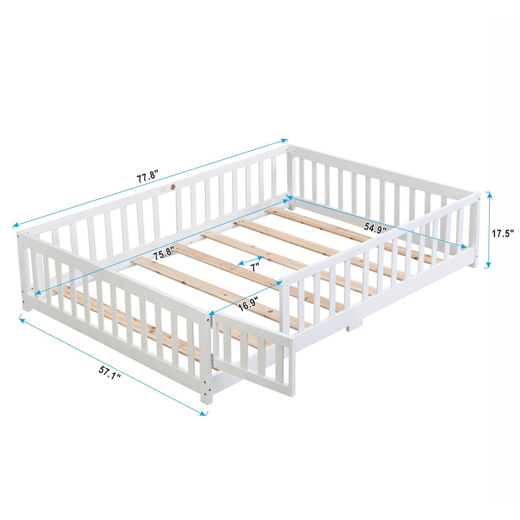 Full Size Floor Bed with Door, Solid Wood Platform Bed Frame with Fence, Suitable for children, Pine Wood