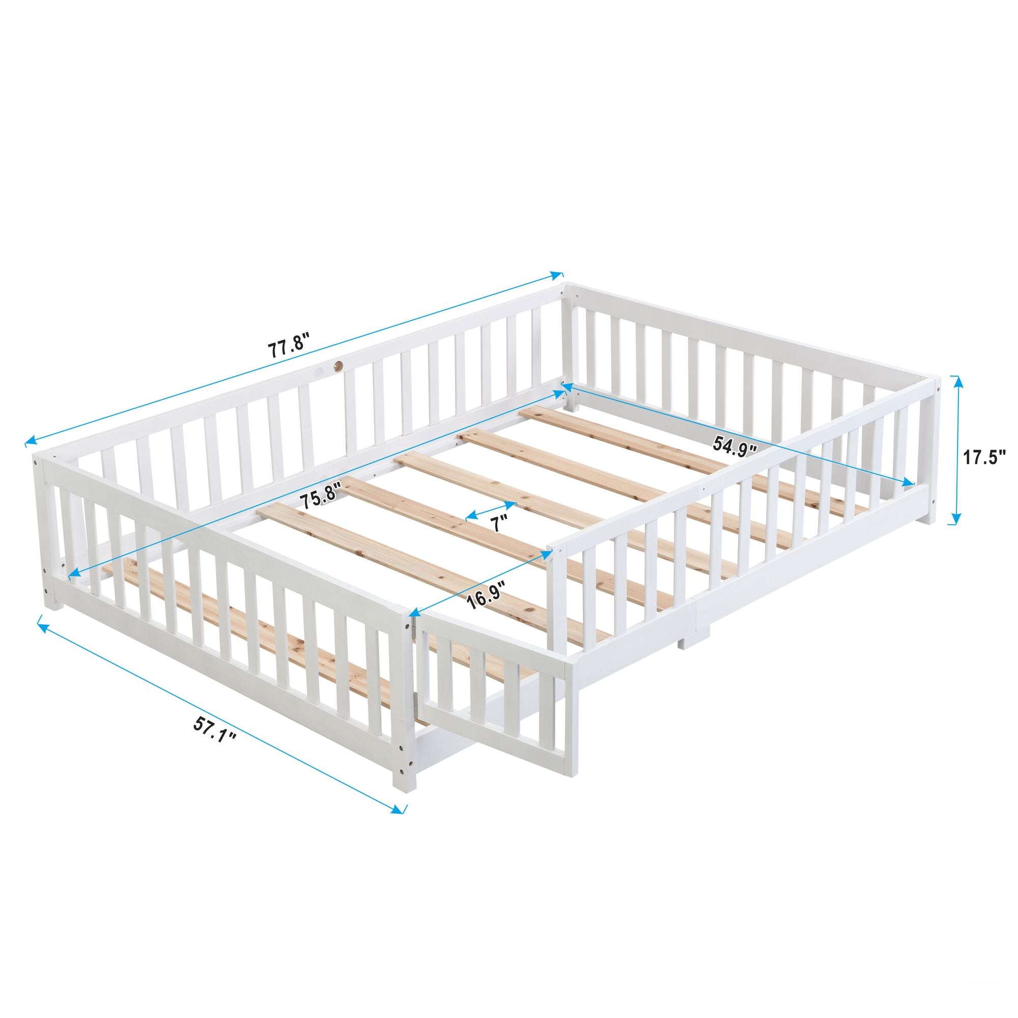 Full Size Floor Bed with Door, Solid Wood Platform Bed Frame with Fence, Suitable for children, Pine Wood