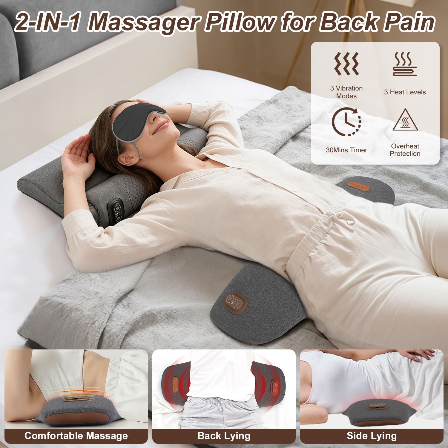2 In 1 Electric Lumbar Massager Support Pillow Memory Foam Lower Back Massager with Heat Vibration Adapter for Pain Relief