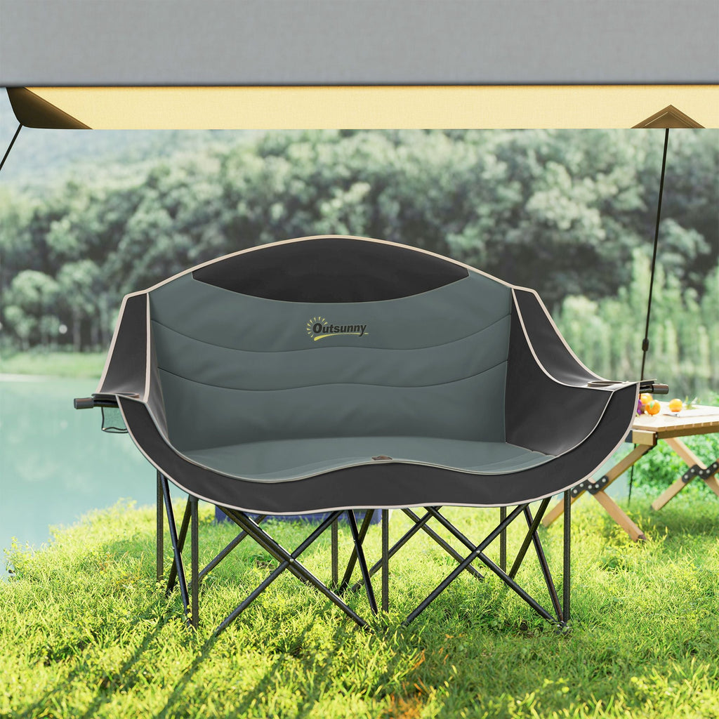 Padded Folding Camp Chair for Adults, Double Camping Chairwith Armrests, Cup Holders, Carry Bag for Outdoor, Black