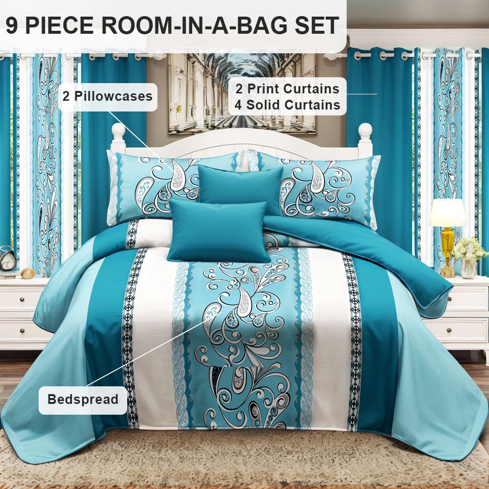 9 Piece in a Bag Thick Touch Bed Cover Curtain Set, Upgraded Luxury Bedspread Set, Bamboo microfiber All Season Bedding-Set For Home, RV Beding, Boys And Girls Gifts With Gift Bag