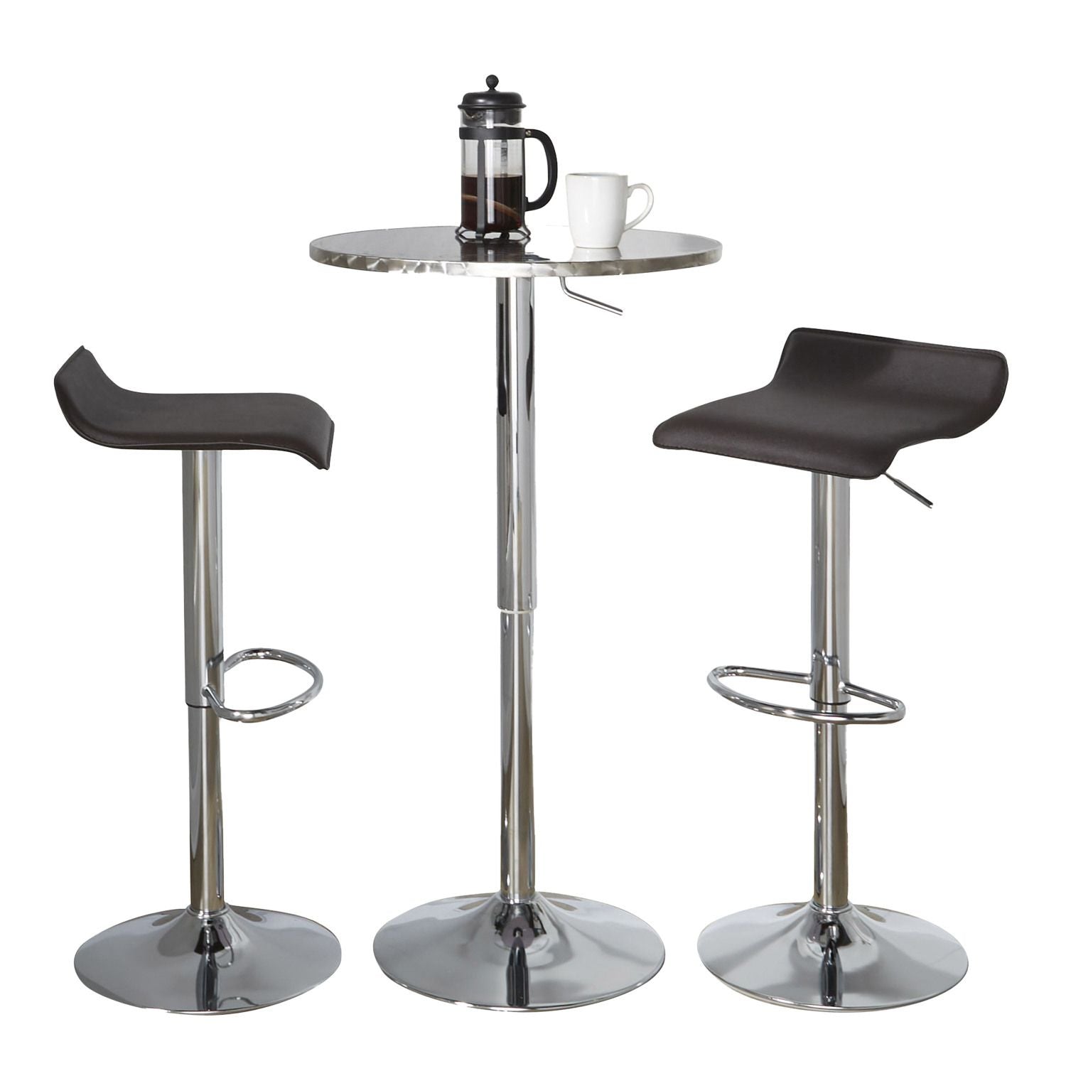 Bistro Round-Ale Contemporary Adjustable Bar Set in Silver and Chrome Metal with Brown PVC and Oval Footrest by - 3 Piece