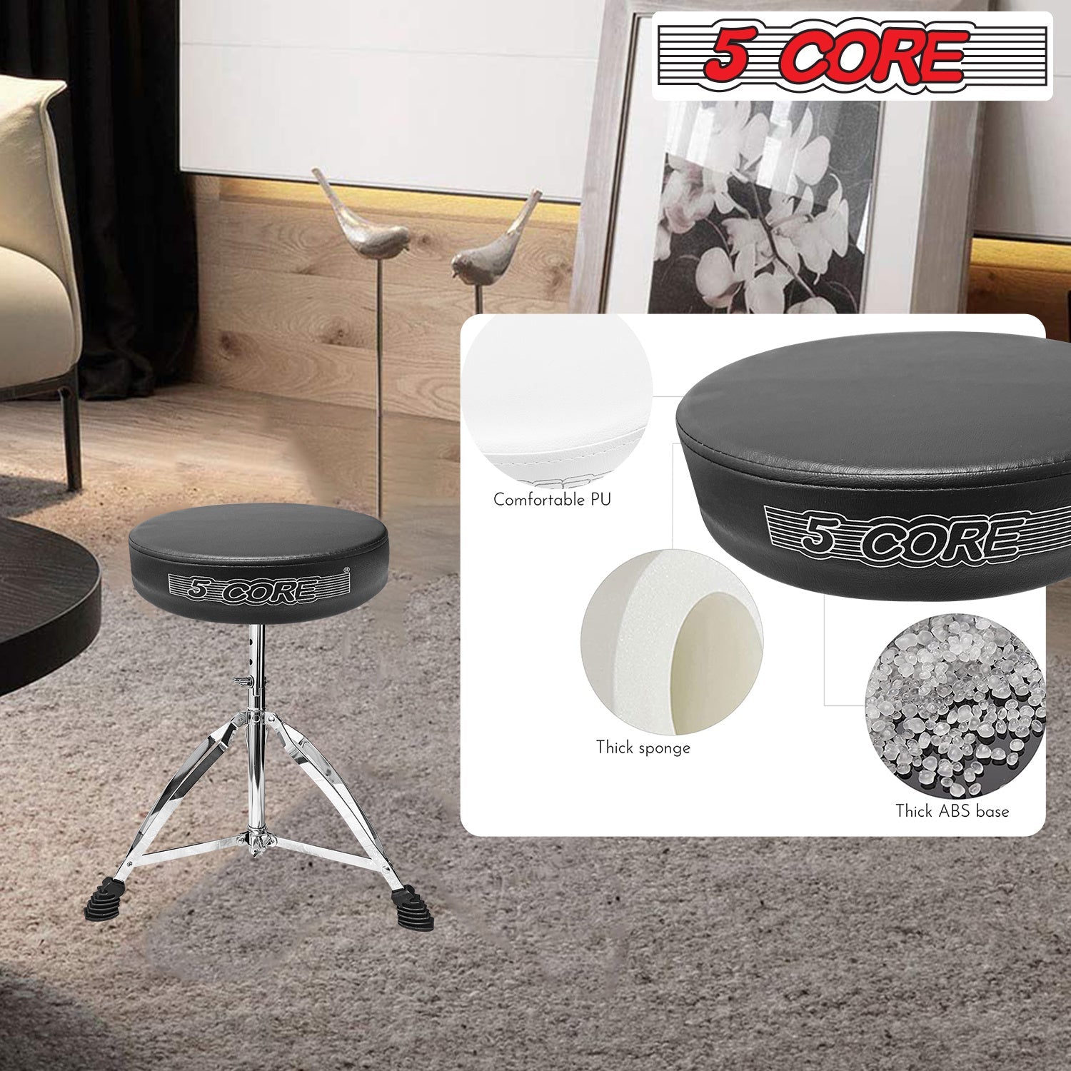 5 Core CHROME PRO Universal Drum Chair Round Padded Seat Throne Drum Stool Stand DS CH BLK