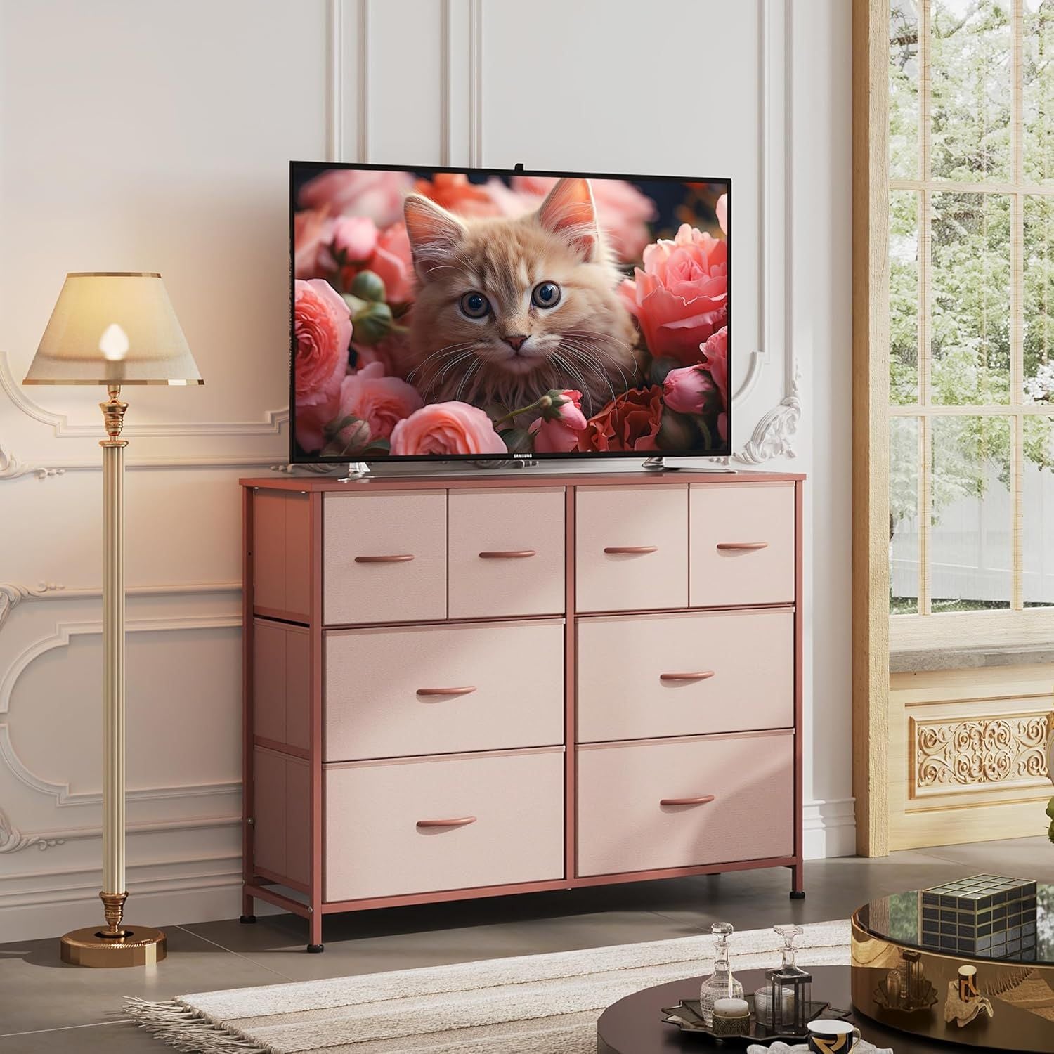 Dresser for Bedroom with 8 Drawers, Wide Fabric Dresser for Storage and Organization, Chest of Drawers, Dressers for Living Room, Closet, Hallway, Dark Grey