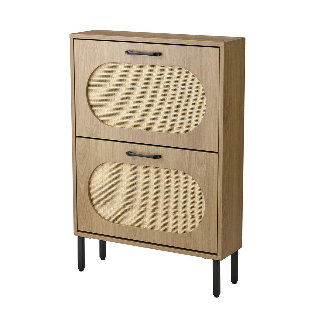 Rattan Shoe Cabinet with 2 Flip Doors, Narrow Freestanding Shoe Organizer, Modern Narrow Shoe Storage Cabinet with Metal Legs for Entryway, Hallway, Closet (Natural)