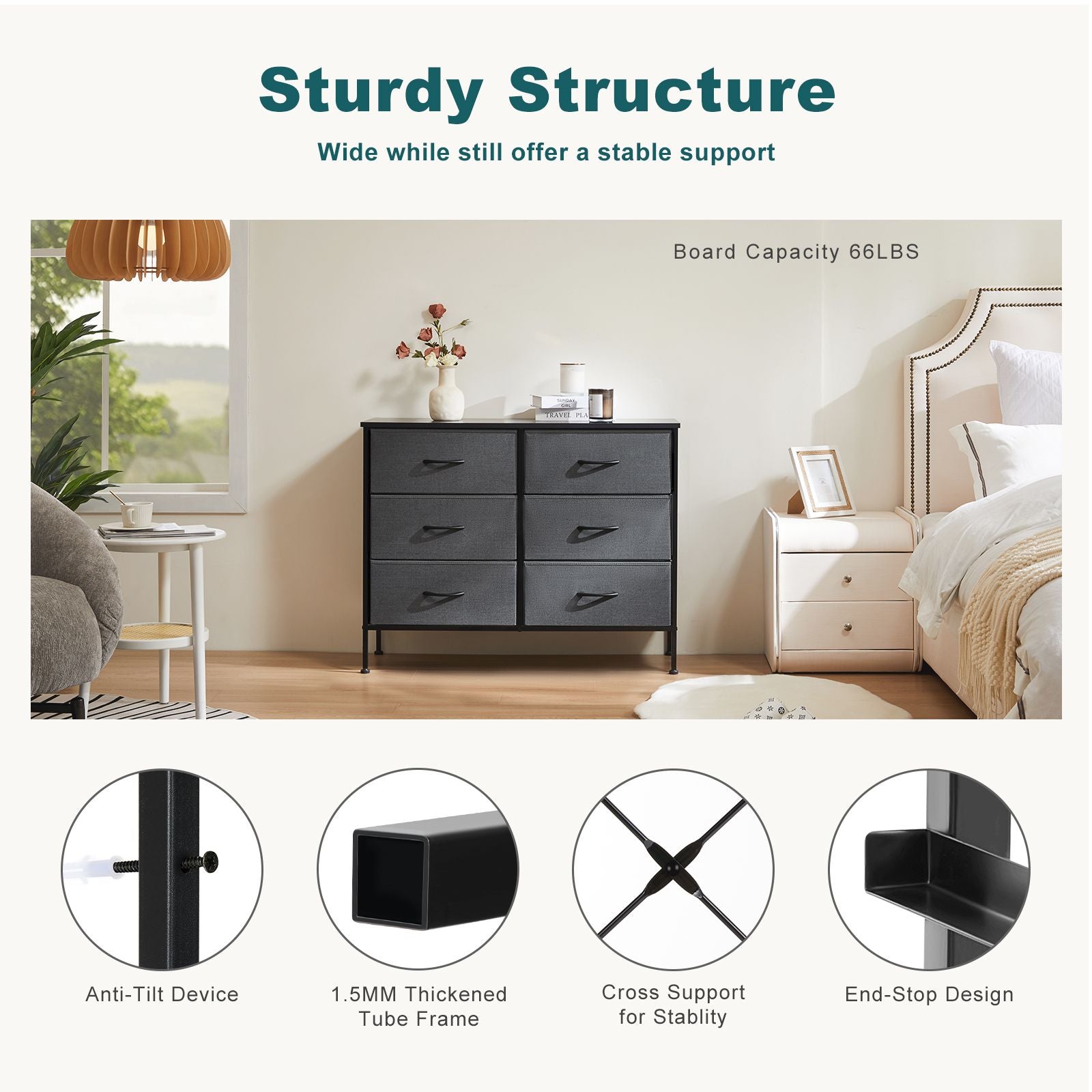 Dresser for Bedroom 6 Drawers Wide Fabric Storage Units Chest of Drawers for Bedroom with Metal Frame and Wooden Top for TV
