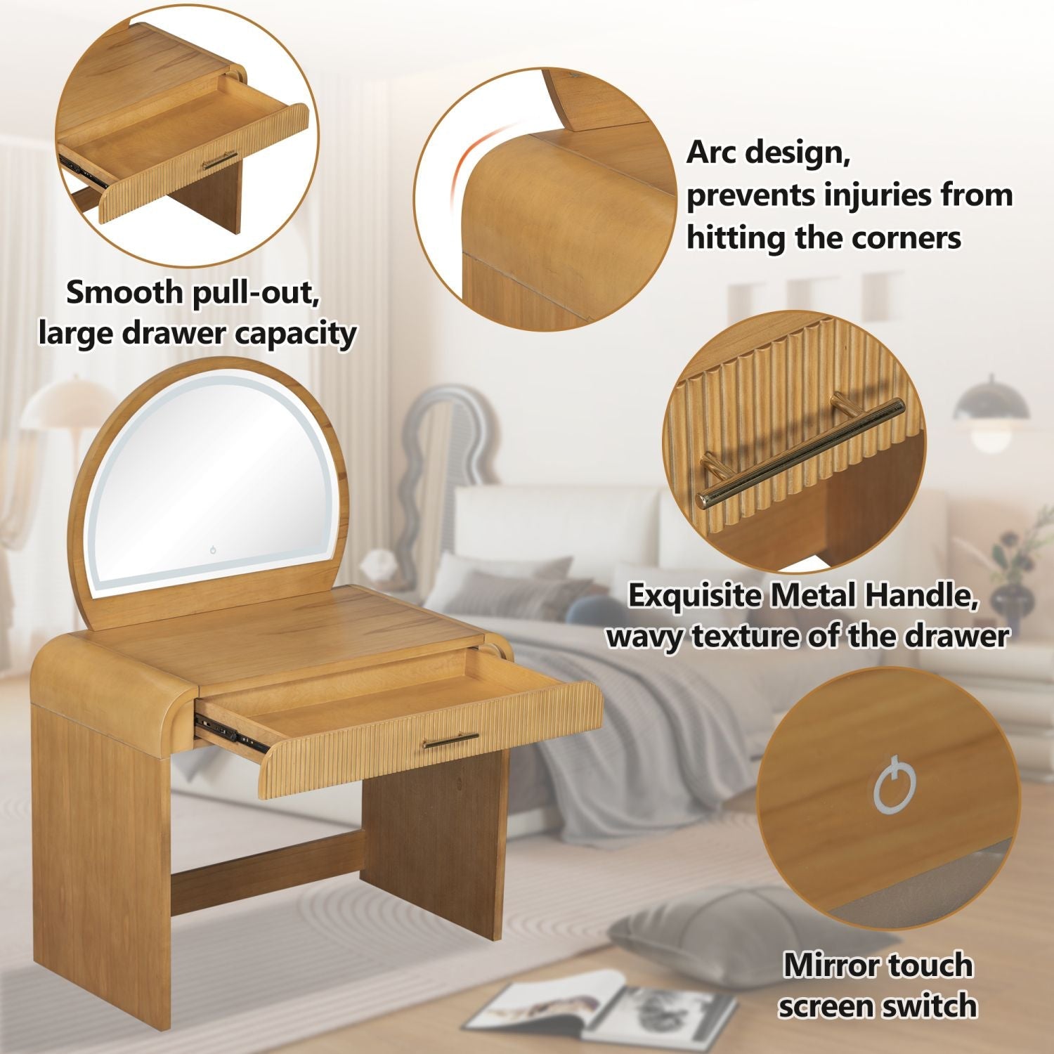 39" Makeup Vanity Table with Mirror Touch Screen Lighted Mirror, Dressing Table with Drawer for Bedroom, Natural