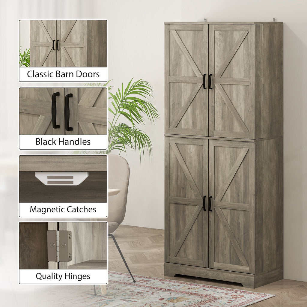 HOMCOM Farmhouse Kitchen Pantry, 72" Tall Pantry Cabinet with 4 Barn Doors, 4 Adjustable Shelves and 8 Door Shelves, Gray Wash