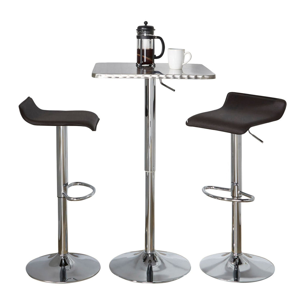Bistro Square-Ale Contemporary Adjustable Bar Set in Silver and Chrome Metal with Brown PVC and Oval Footrest by - 3 Piece