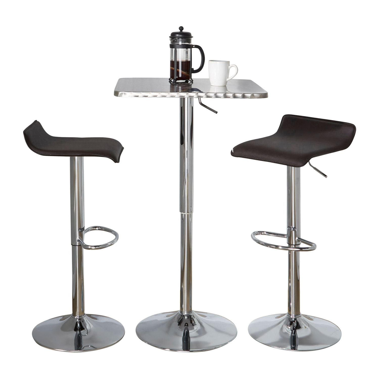 Bistro Square-Ale Contemporary Adjustable Bar Set in Silver and Chrome Metal with Brown PVC and Oval Footrest by - 3 Piece