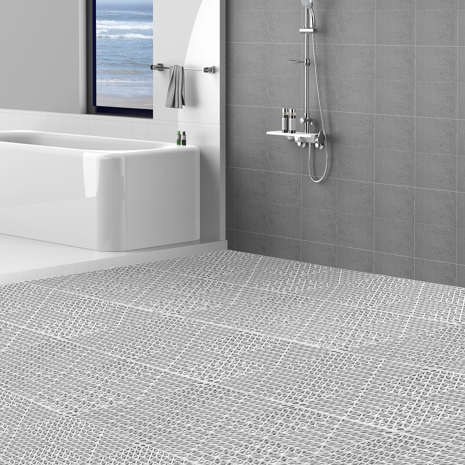 VEVOR Interlocking Tile 50PCS Gray, Drainage Tiles 12" x 12" Splicing, PVC Interlocking Drainage Floor Tiles, Non-Slip Drainage Holes for Restroom, Bathroom, Kitchen, Pool, Wet Areas