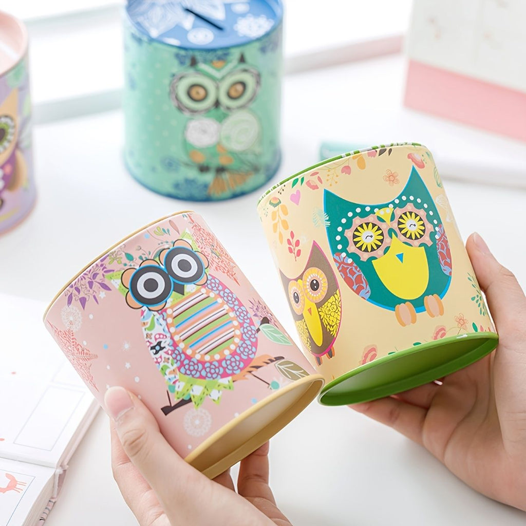 1pc Cartoon Owl Houndstooth Iron Material Round Storage Tank Money Bank