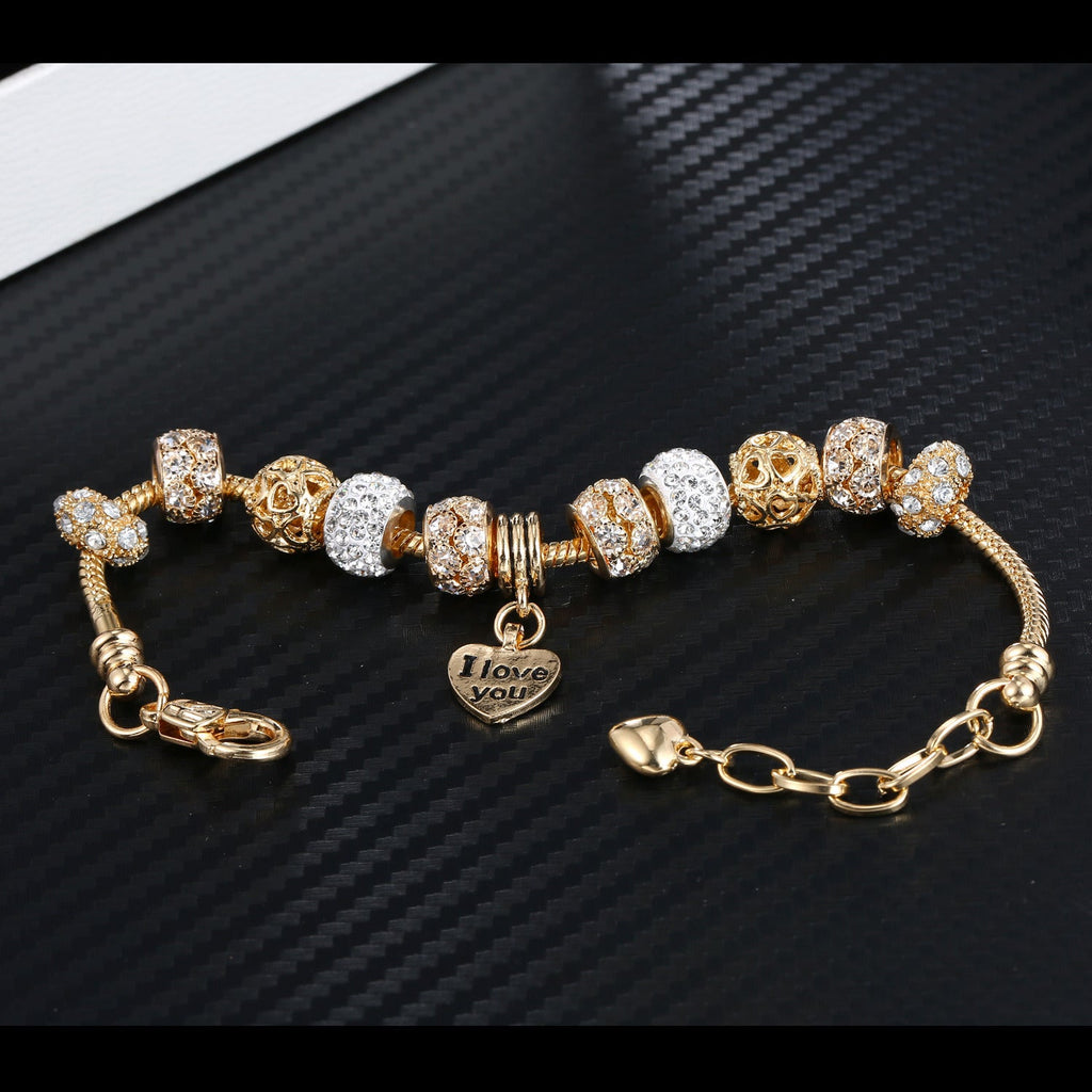 Heart Charm Bracelet with Extender Gold Plated Snake Chain Bracelets CZ Crystal Beads Charms Bracelets