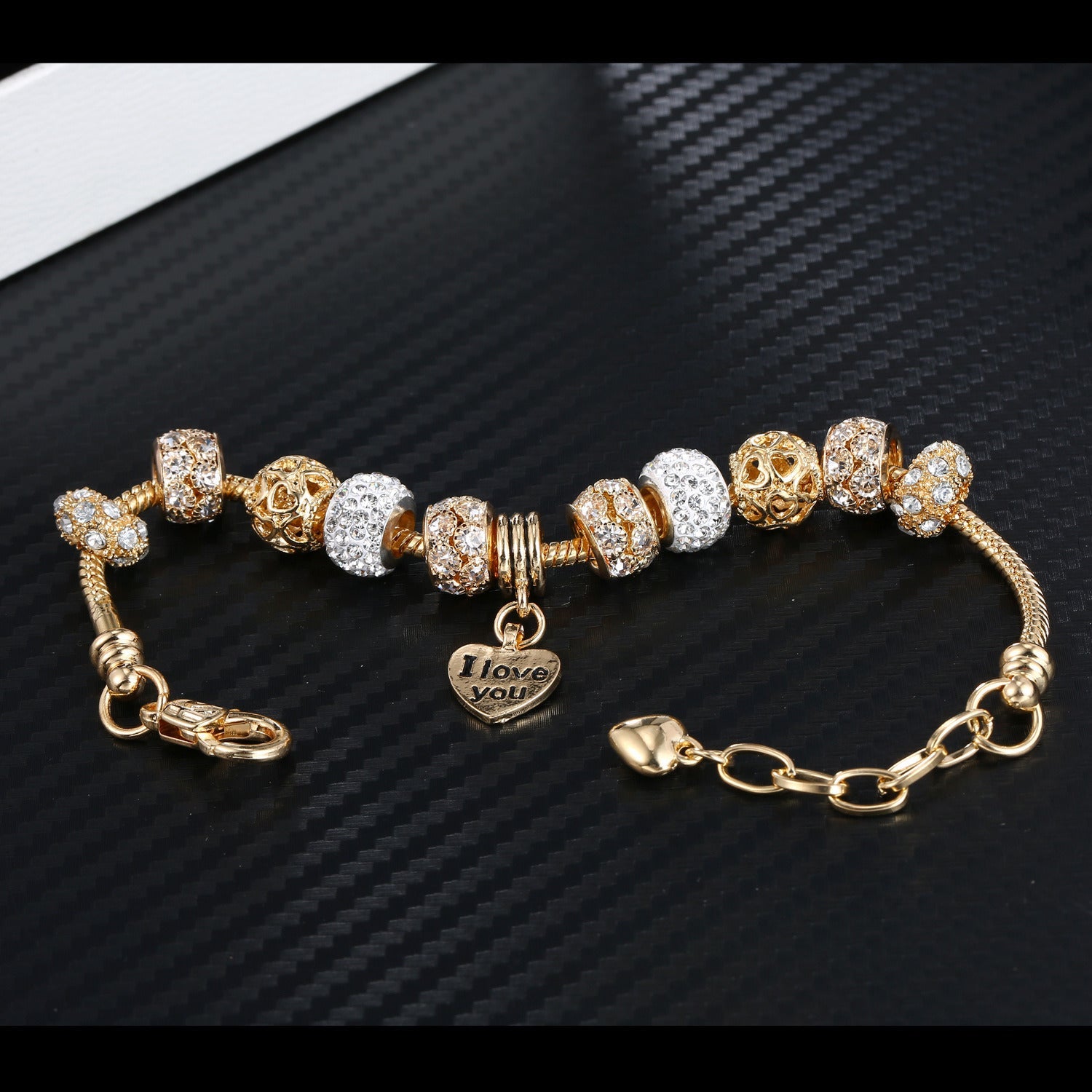 Heart Charm Bracelet with Extender Gold Plated Snake Chain Bracelets CZ Crystal Beads Charms Bracelets