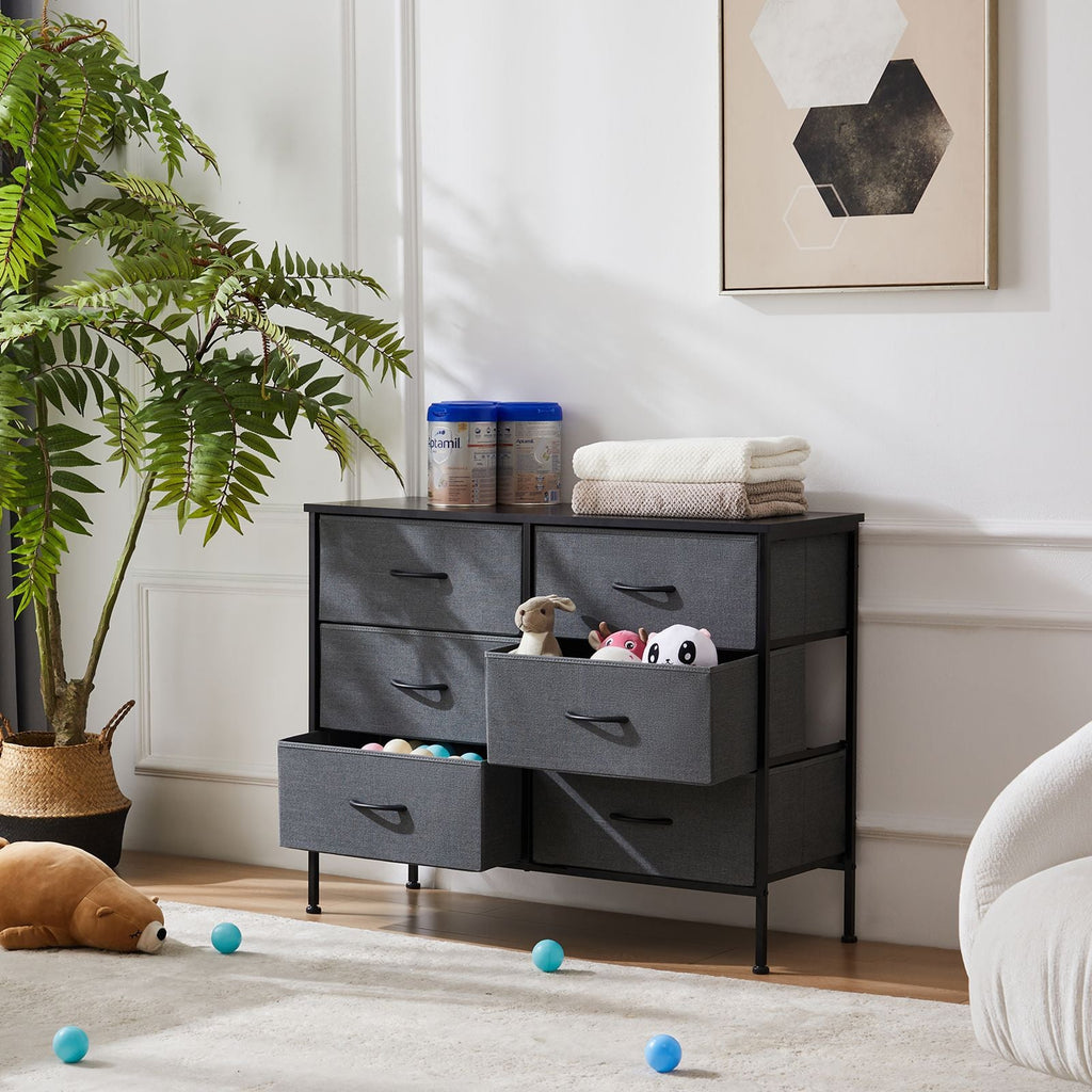 Dresser for Bedroom 6 Drawers Wide Fabric Storage Units Chest of Drawers for Bedroom with Metal Frame and Wooden Top for TV