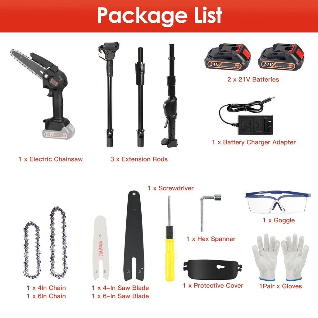 2-in-1 Cordless Pole Saw & Mini Chainsaw Electric Mini Chainsaw Length Adjustable Cordless Chain Saw with 2Pcs 1500mAh Batteries 4in/6in Chains for Tree Trimming