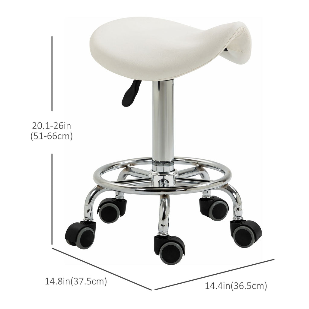 Saddle Stool PU Leather Adjustable Rolling Salon Chair White for Massage Spa Clinic Beauty Tattoo