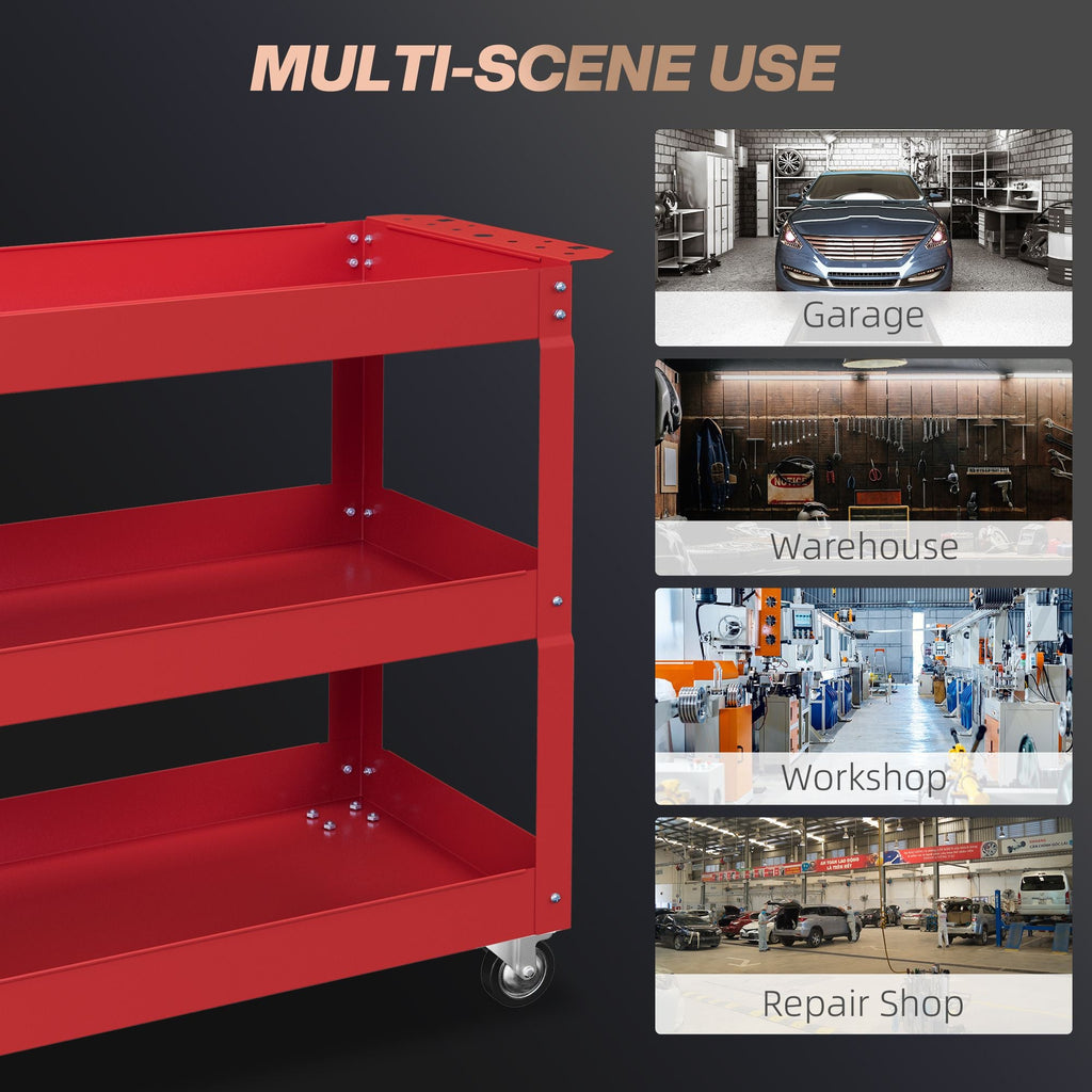 3 Tier Rolling Tool Cart with Wheels, 330 LBS Capacity Heavy Duty Utility Cart, Mobile Service Cart for Garage, Red