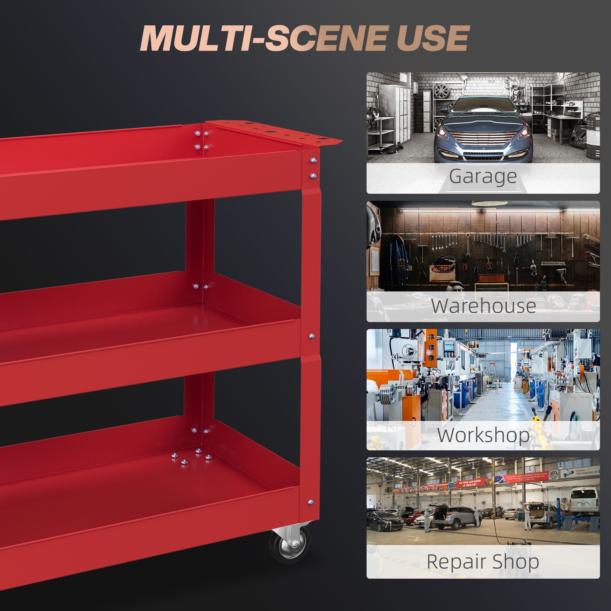 3 Tier Rolling Tool Cart with Wheels, 330 LBS Capacity Heavy Duty Utility Cart, Mobile Service Cart for Garage, Red
