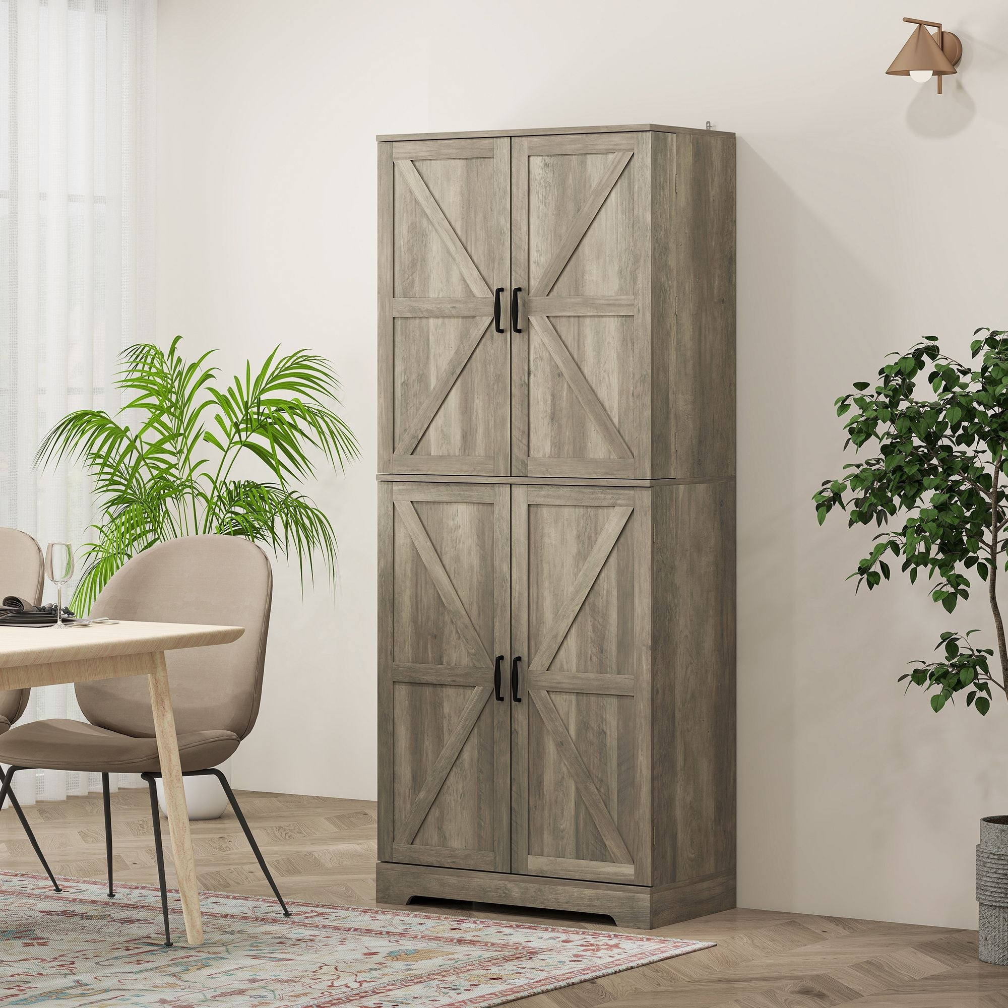 HOMCOM Farmhouse Kitchen Pantry, 72" Tall Pantry Cabinet with 4 Barn Doors, 4 Adjustable Shelves and 8 Door Shelves, Gray Wash