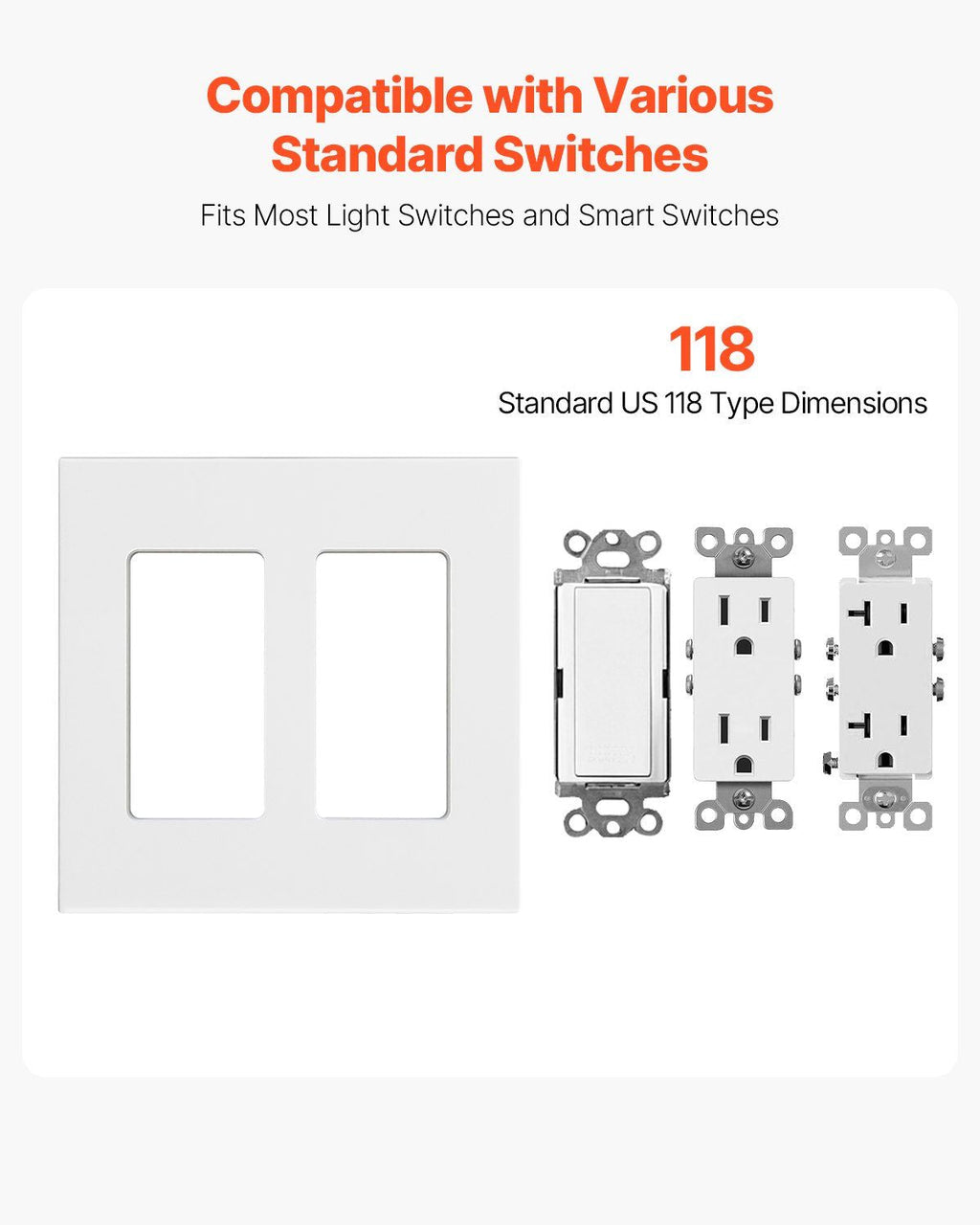 VEVOR Rocker Light Switch Wall Plates, 2-Gang Decorative Outlet Covers,Standard Size 4.57in L x 4.53in H Unbreakable Polycarbonate Thermoplastic Faceplate for Receptacle Outlet&Switch(5 Pack, White)