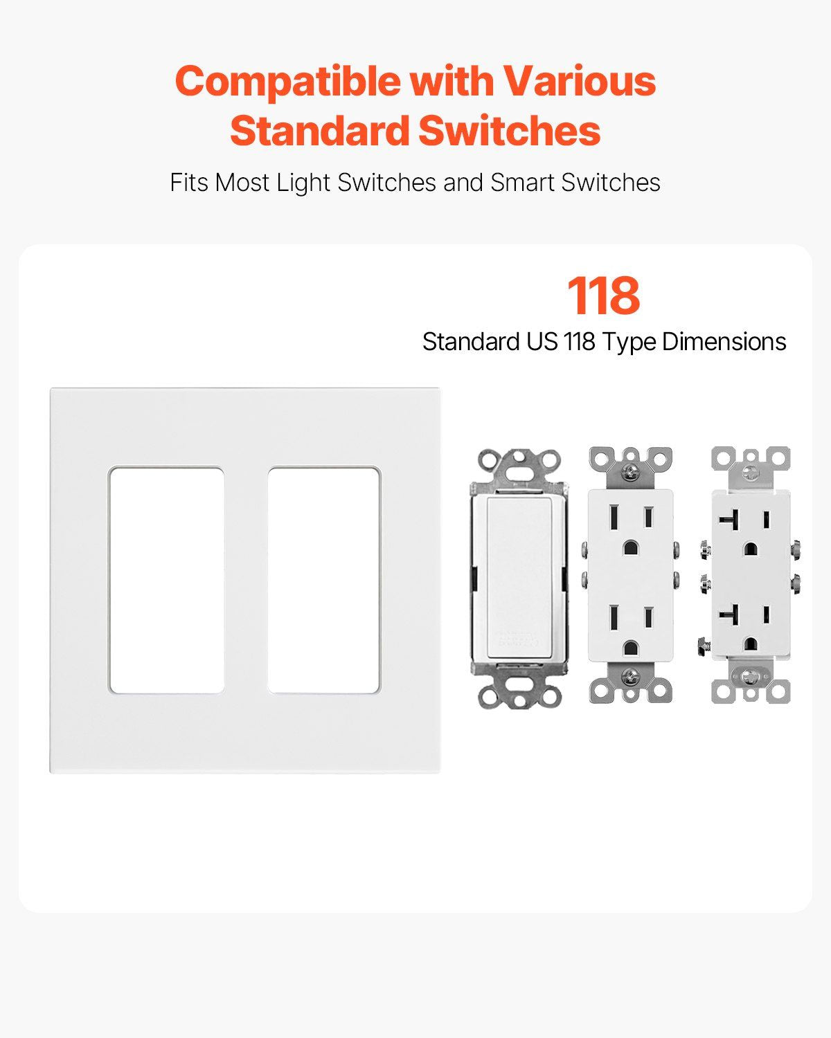 VEVOR Rocker Light Switch Wall Plates, 2-Gang Decorative Outlet Covers,Standard Size 4.57in L x 4.53in H Unbreakable Polycarbonate Thermoplastic Faceplate for Receptacle Outlet&Switch(5 Pack, White)