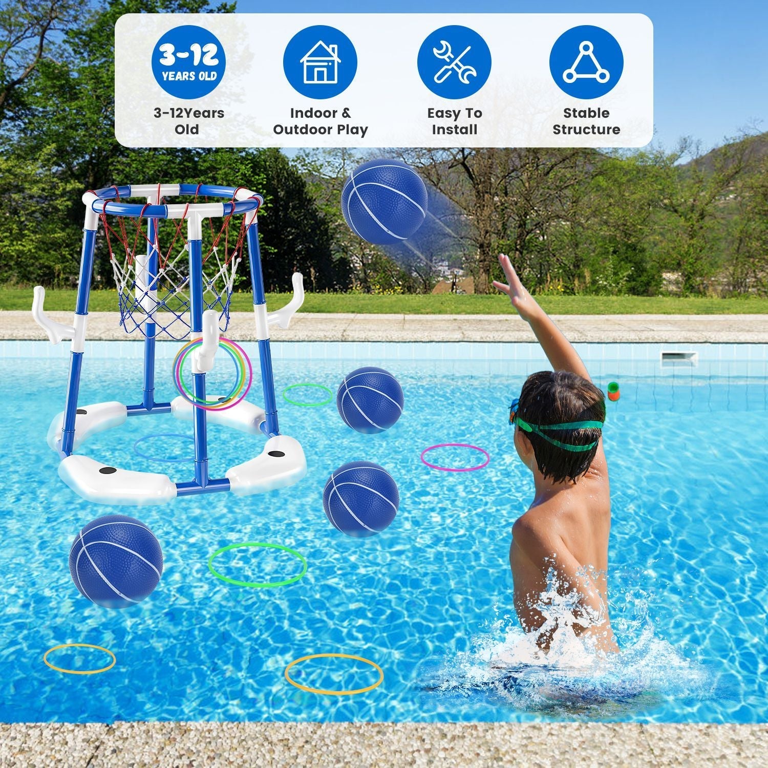 Summer Pool Basketball Hoop Toy Set With 4 Basketballs 4 Circles Pump Floating Swimming Pool Basketball Games Poolside Water Play Toy For 3-12Years Old Kids Adults