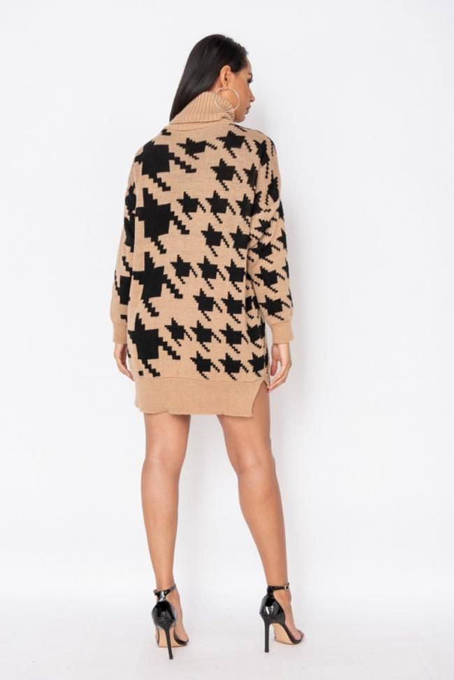 Houndstooth Check Roll Neck Jumper Dress