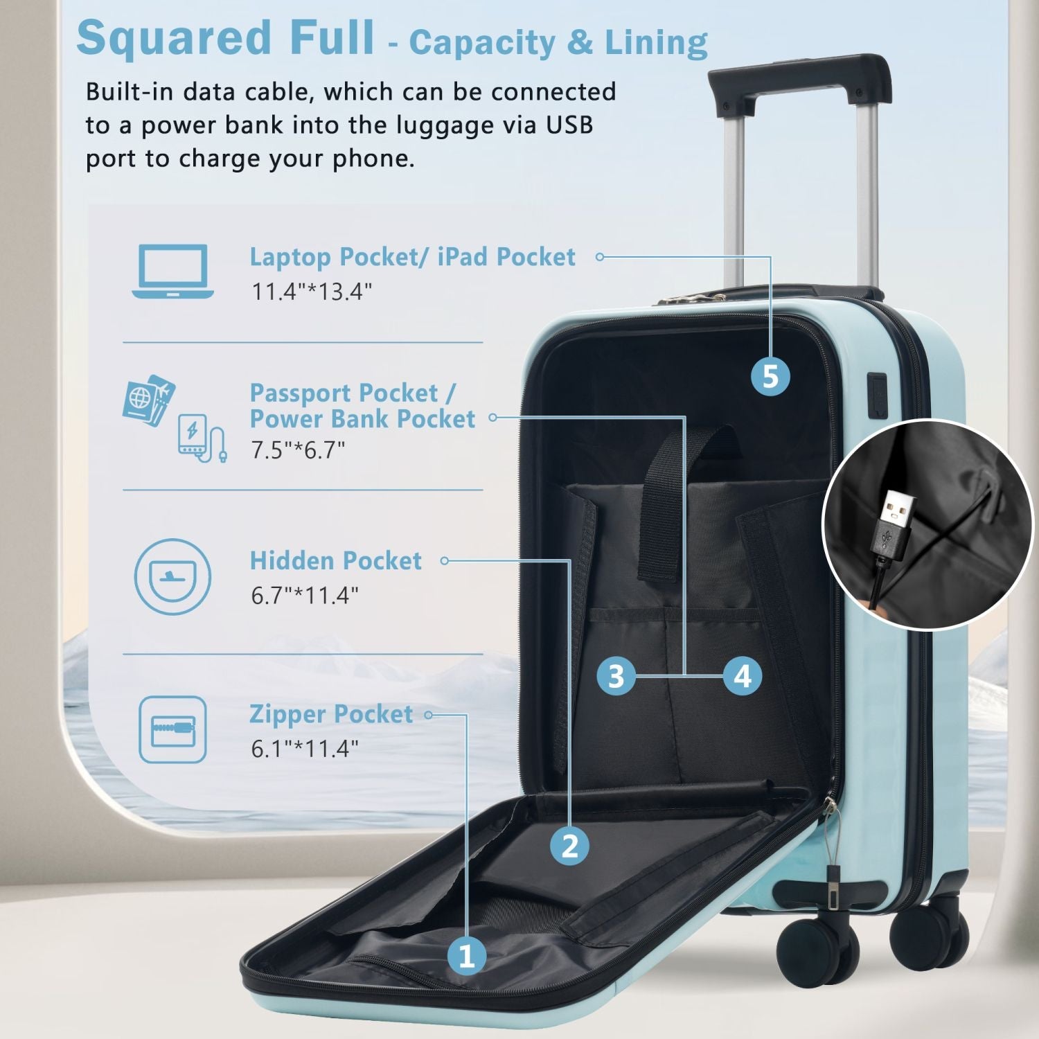 Front Opening Luggage Set 3 Piece, Hardside Carry on Suitcase with USB Port, Expandable Luggage with Handle Bag Spinner Wheels TSA Lock